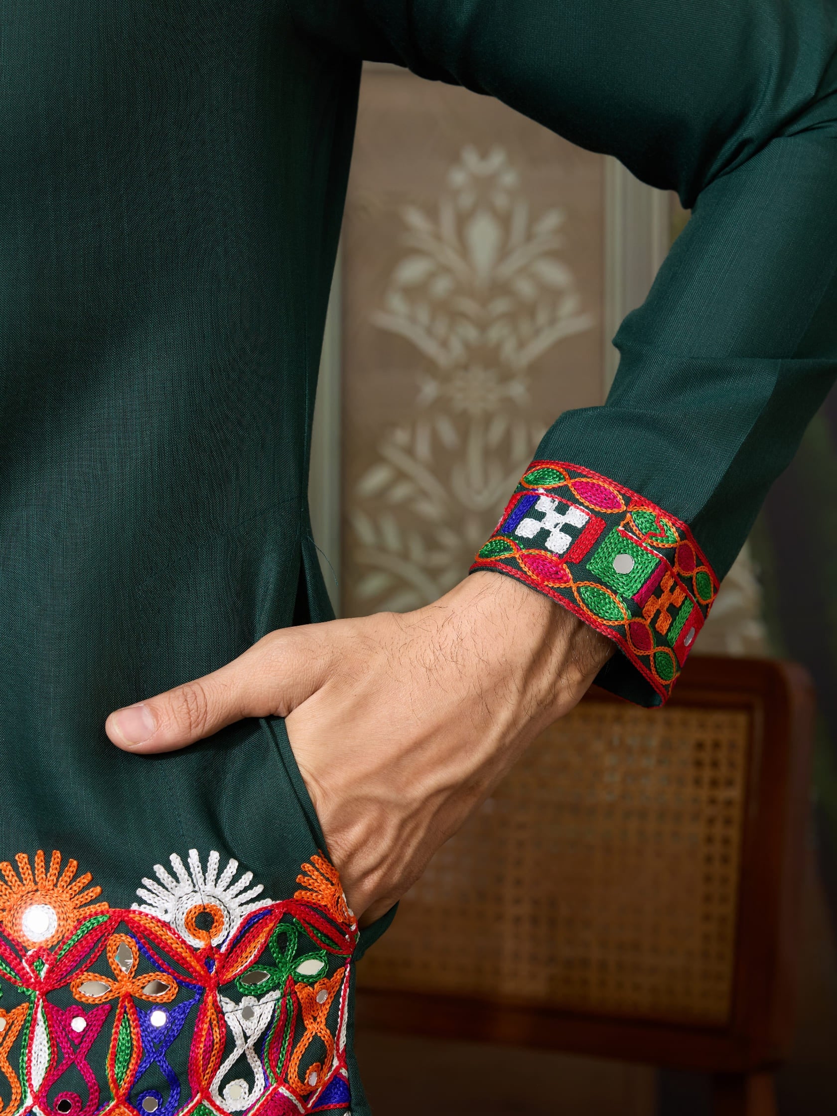 Green Cotton Silk Navratri Kurta with Mirror &amp; Embroidery for Men