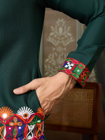 Green Cotton Silk Navratri Kurta with Mirror &amp; Embroidery for Men