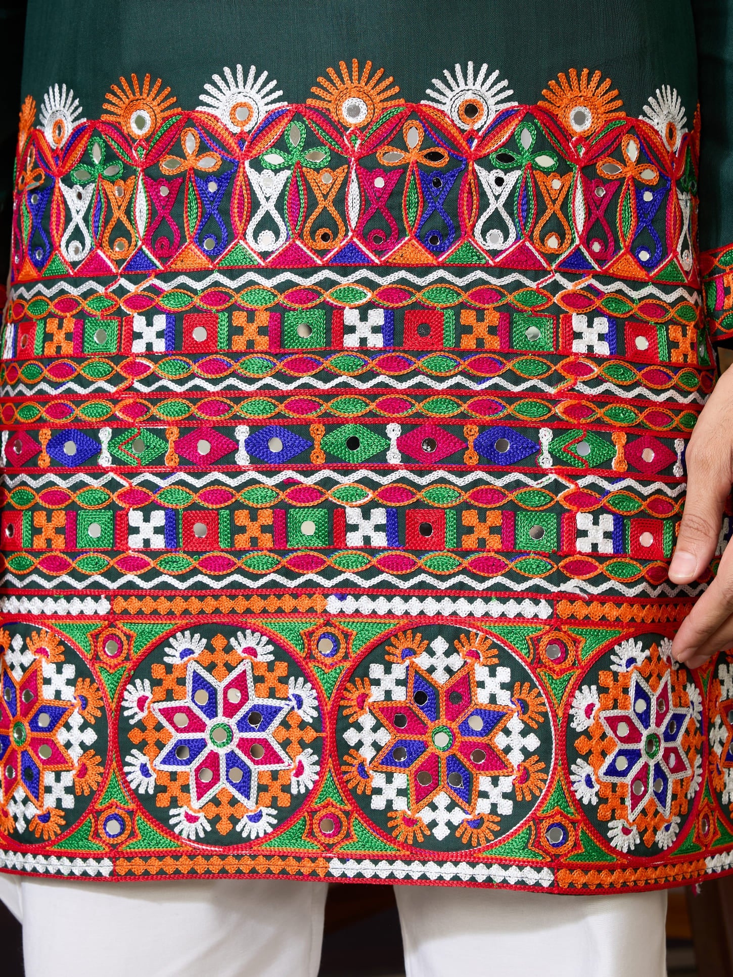 Green Cotton Silk Navratri Kurta with Mirror & Embroidery for Men