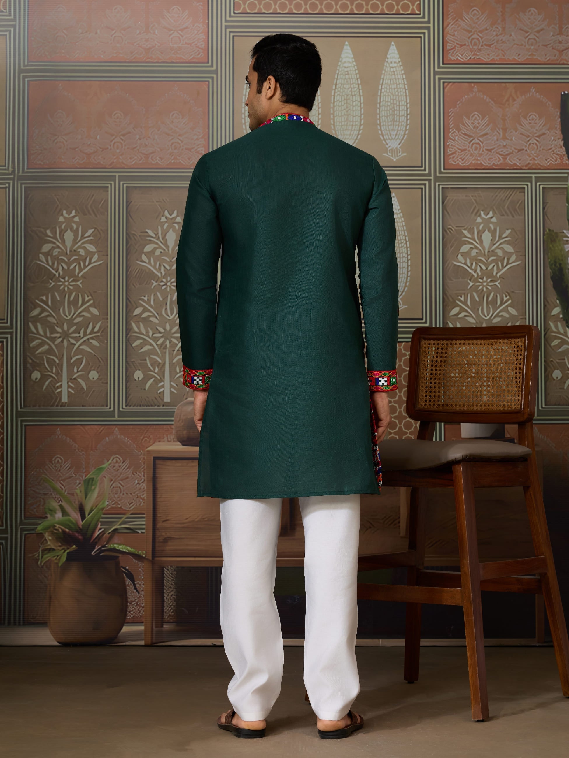 Green Cotton Silk Navratri Kurta with Mirror & Embroidery for Men