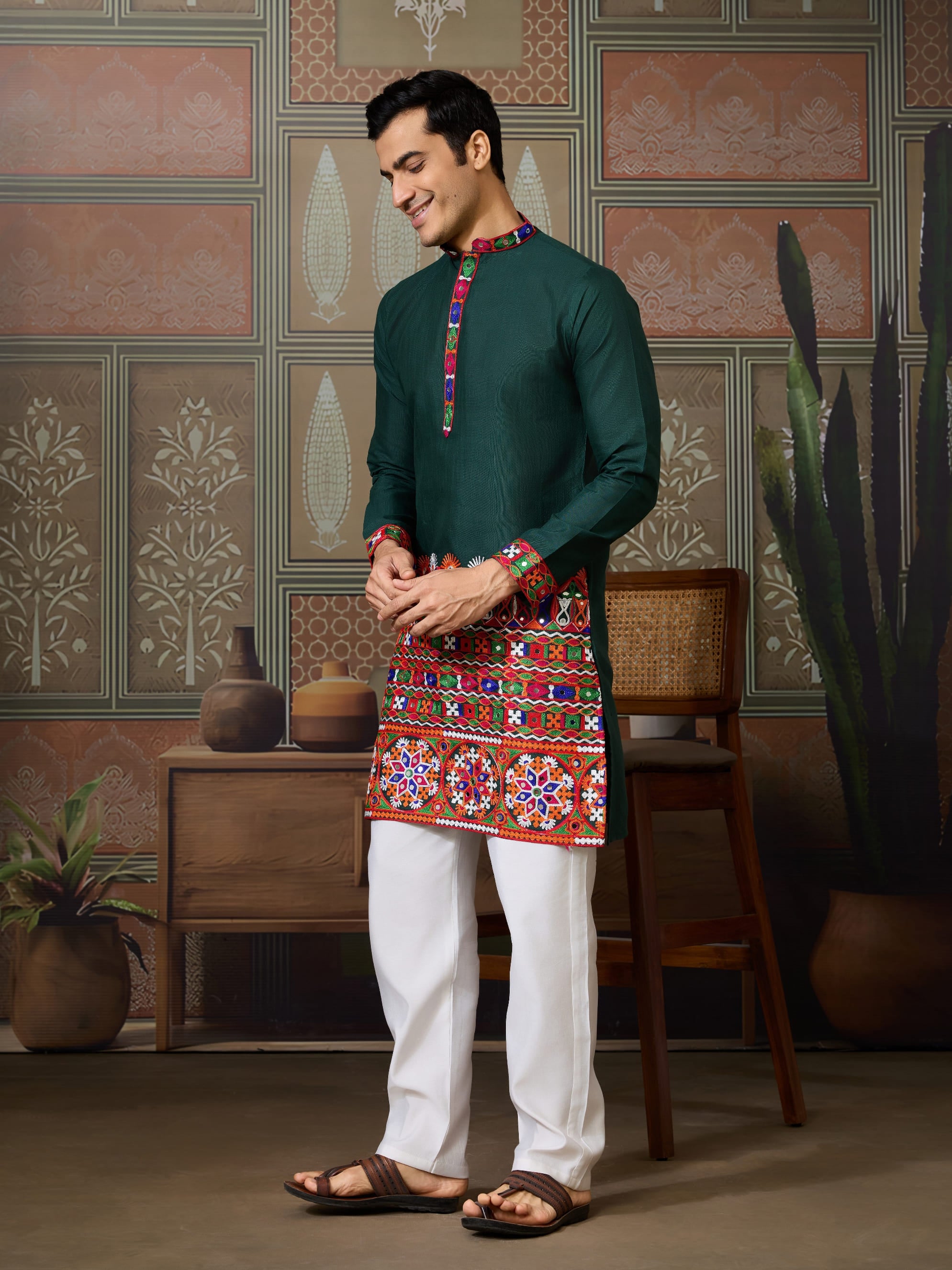 Green Cotton Silk Navratri Kurta with Mirror & Embroidery for Men