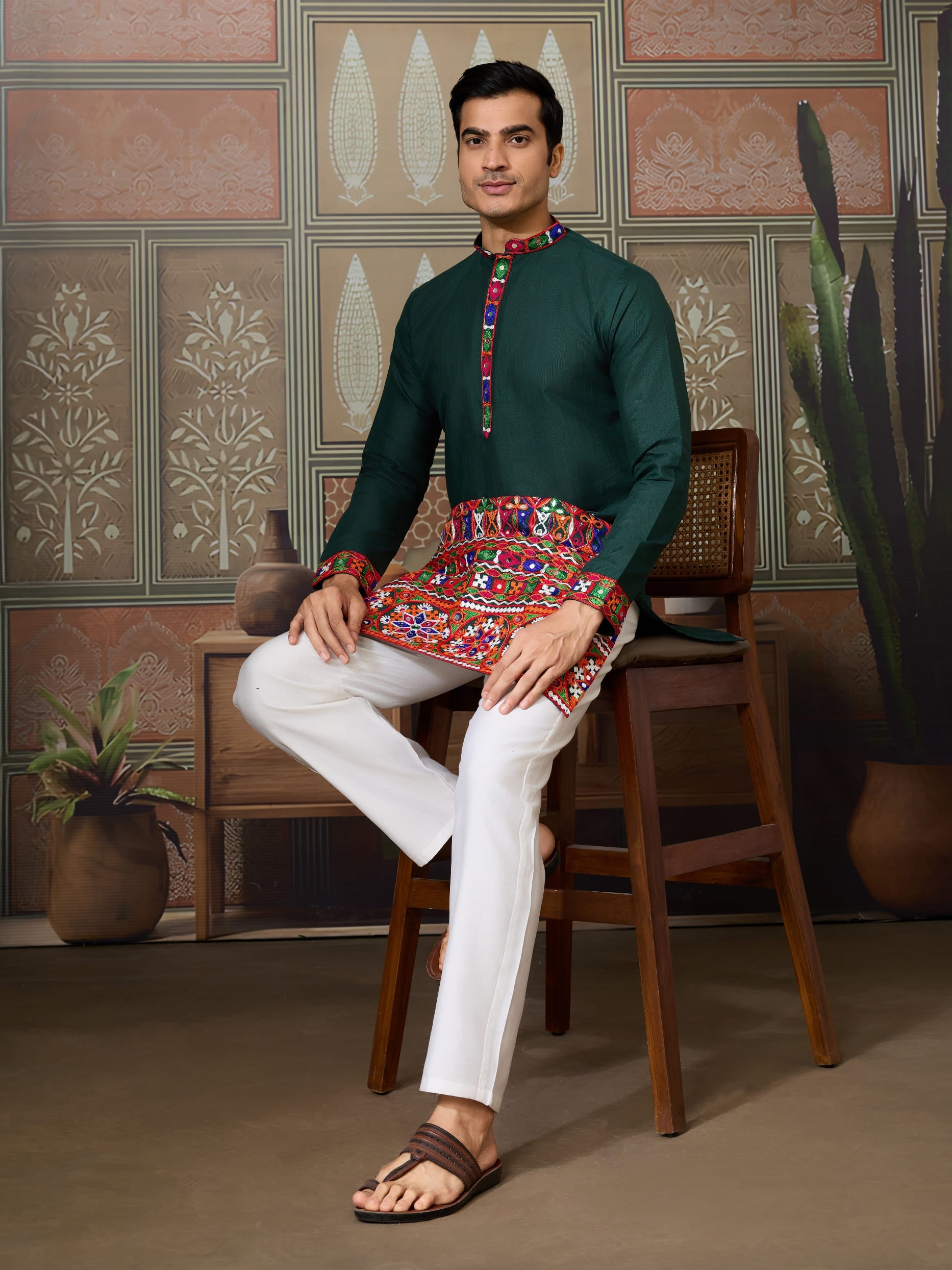 Green Cotton Silk Navratri Kurta with Mirror & Embroidery for Men