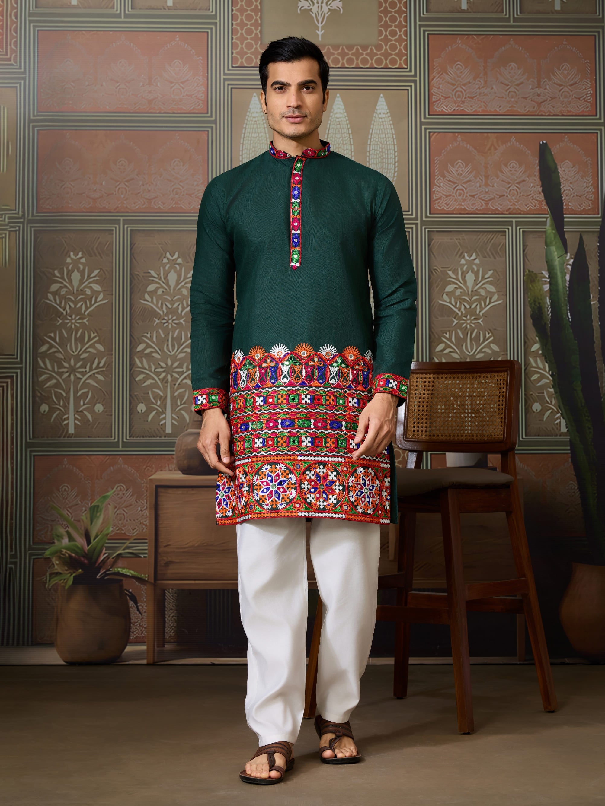 Green Cotton Silk Navratri Kurta with Mirror & Embroidery for Men