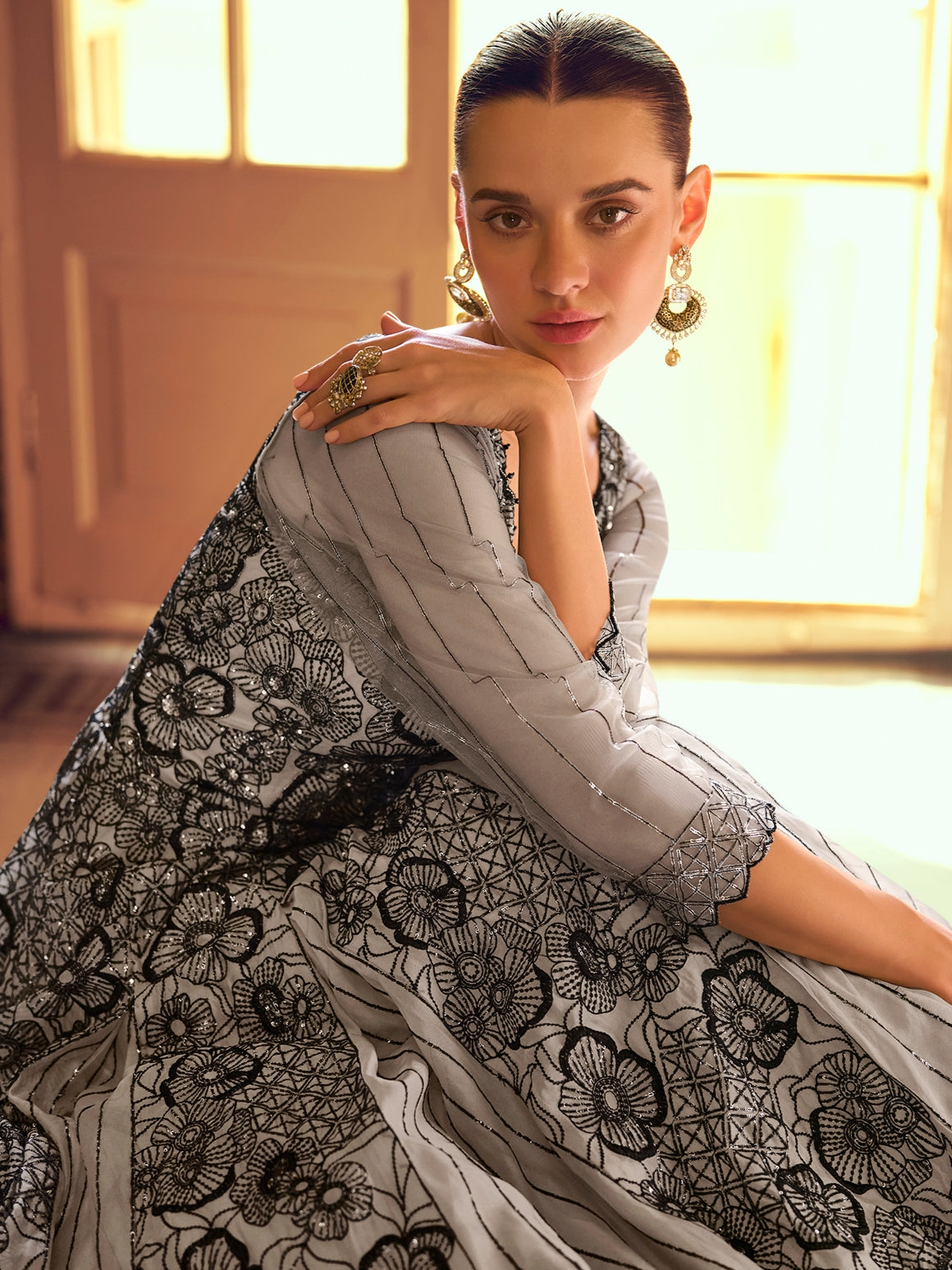 Grey Jacquard Silk Embroidered Gown with Cancan