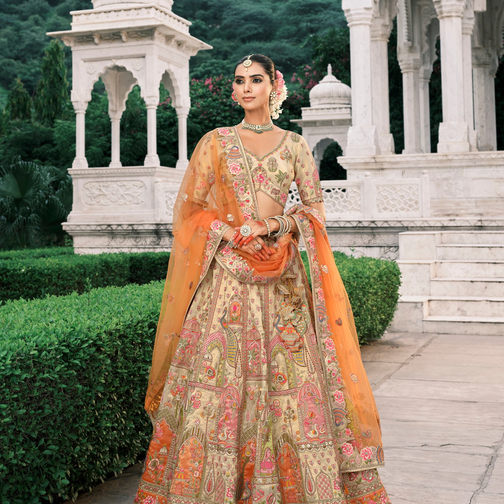Beige Golden Embroidered Bridal Lehenga with Orange Dupatta