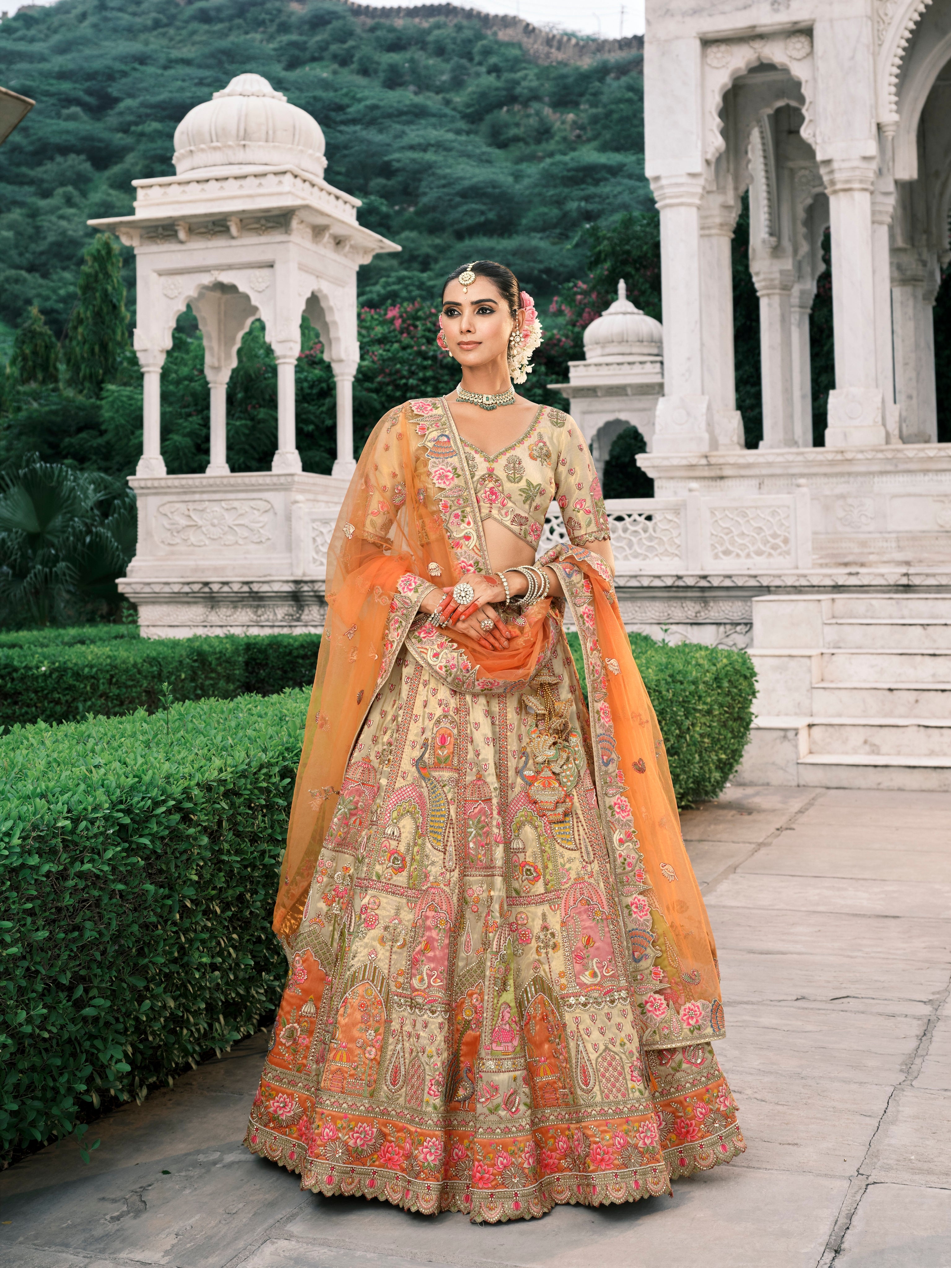 Beige Golden Embroidered Bridal Lehenga with Orange Dupatta