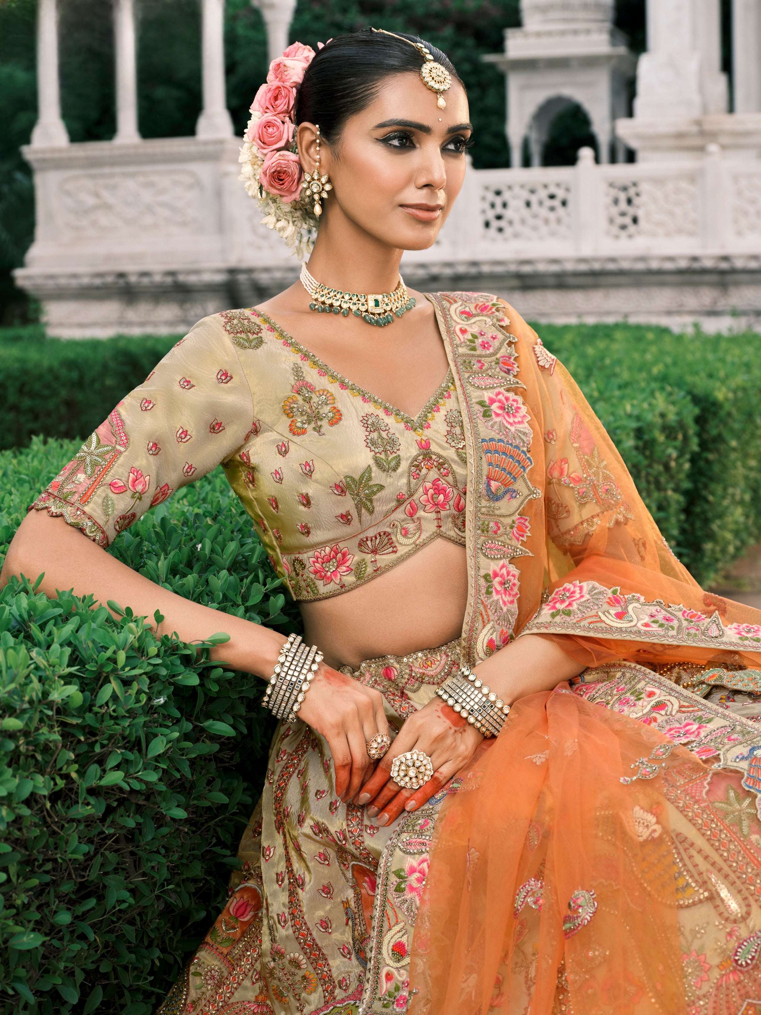 Beige Golden Embroidered Bridal Lehenga with Orange Dupatta