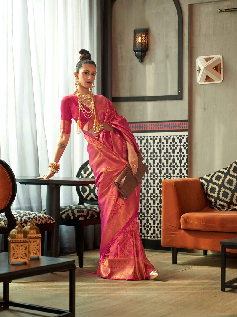 Pink two tone handloom silk saree with zari border