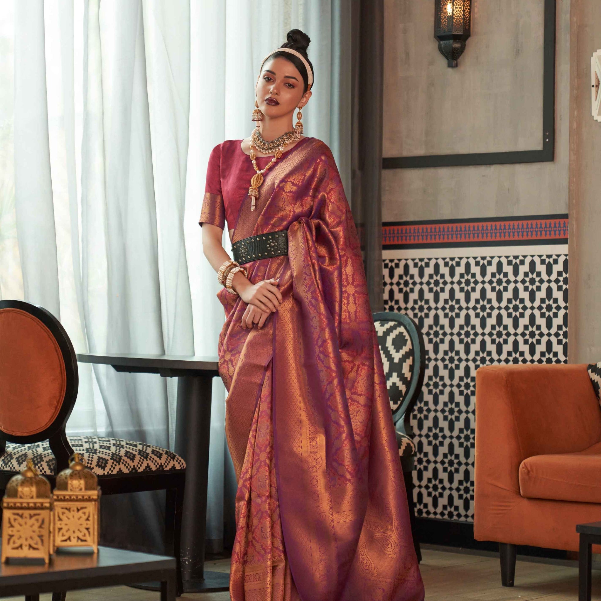 Wine two tone silk saree with zari detailing