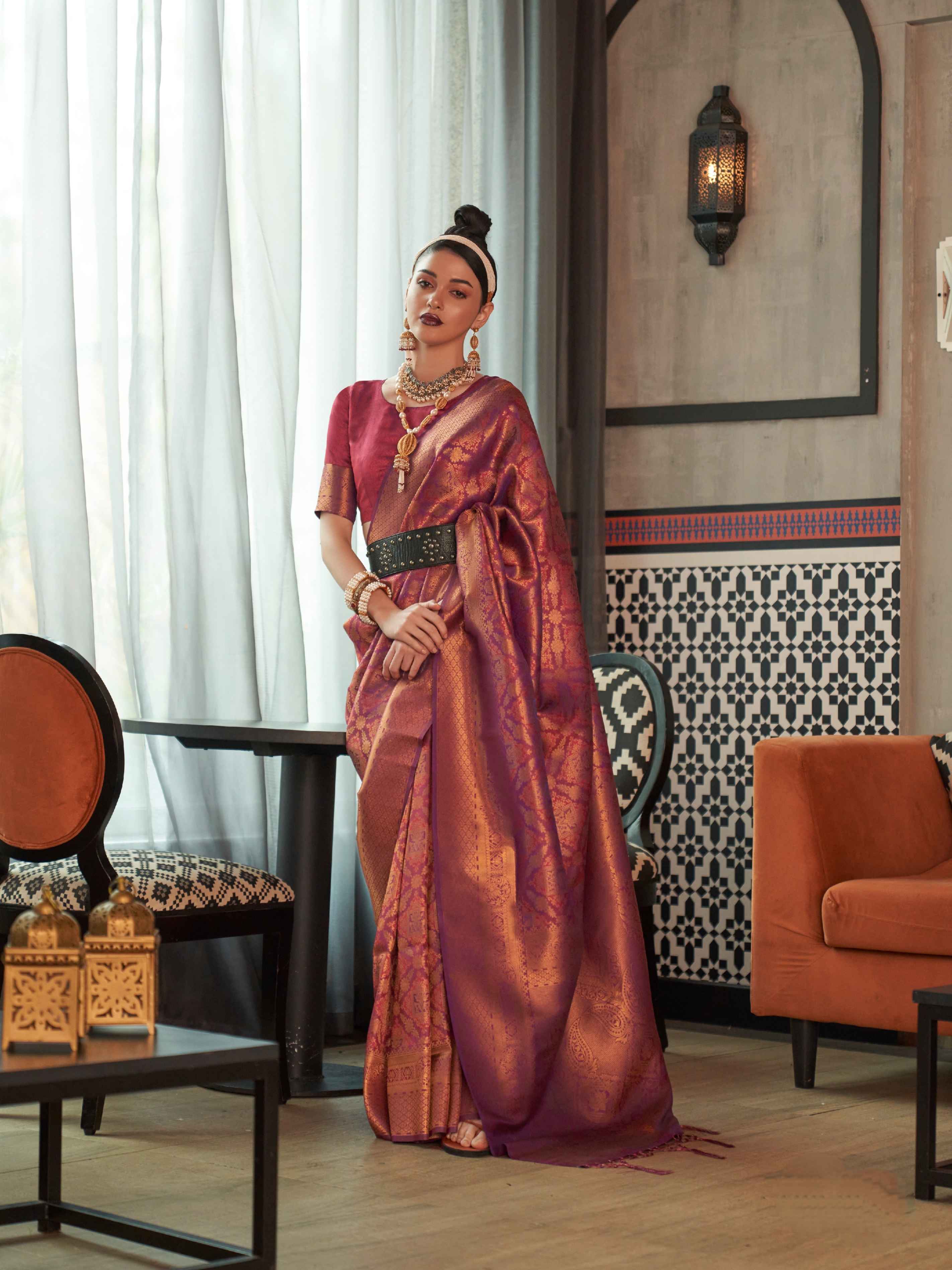 Wine two tone silk saree with zari detailing