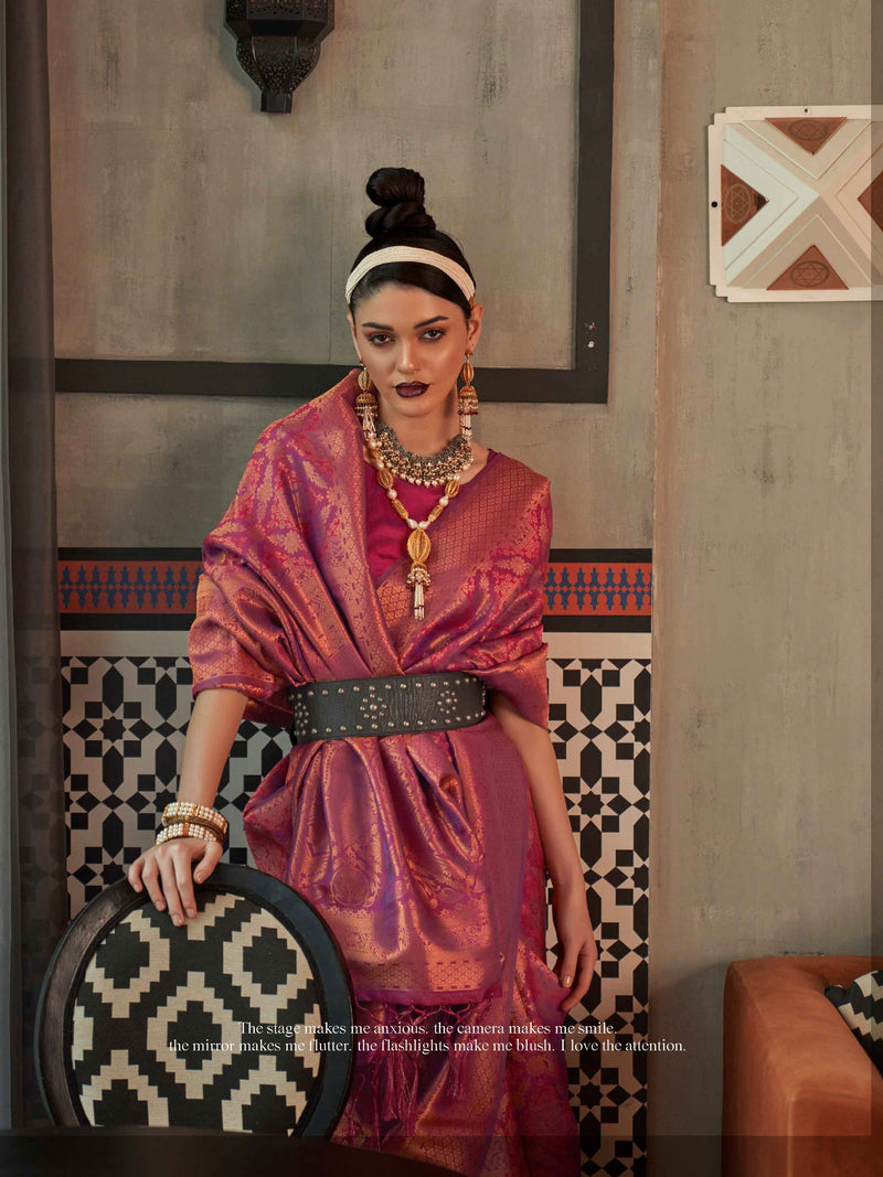 Luxury wine handloom silk saree for reception