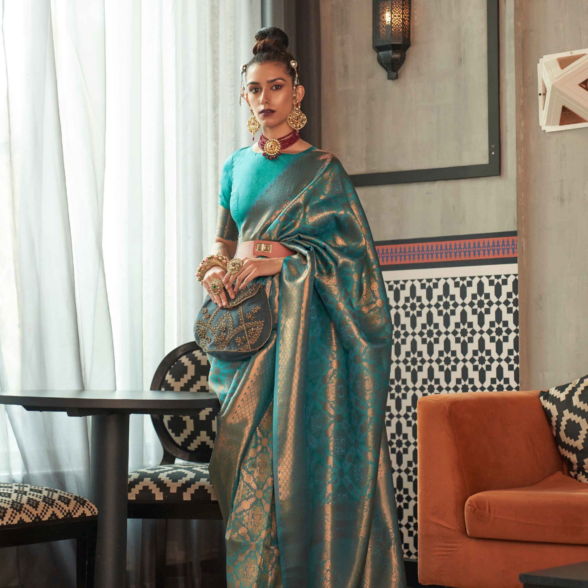 Blue two tone handloom silk saree with zari motifs