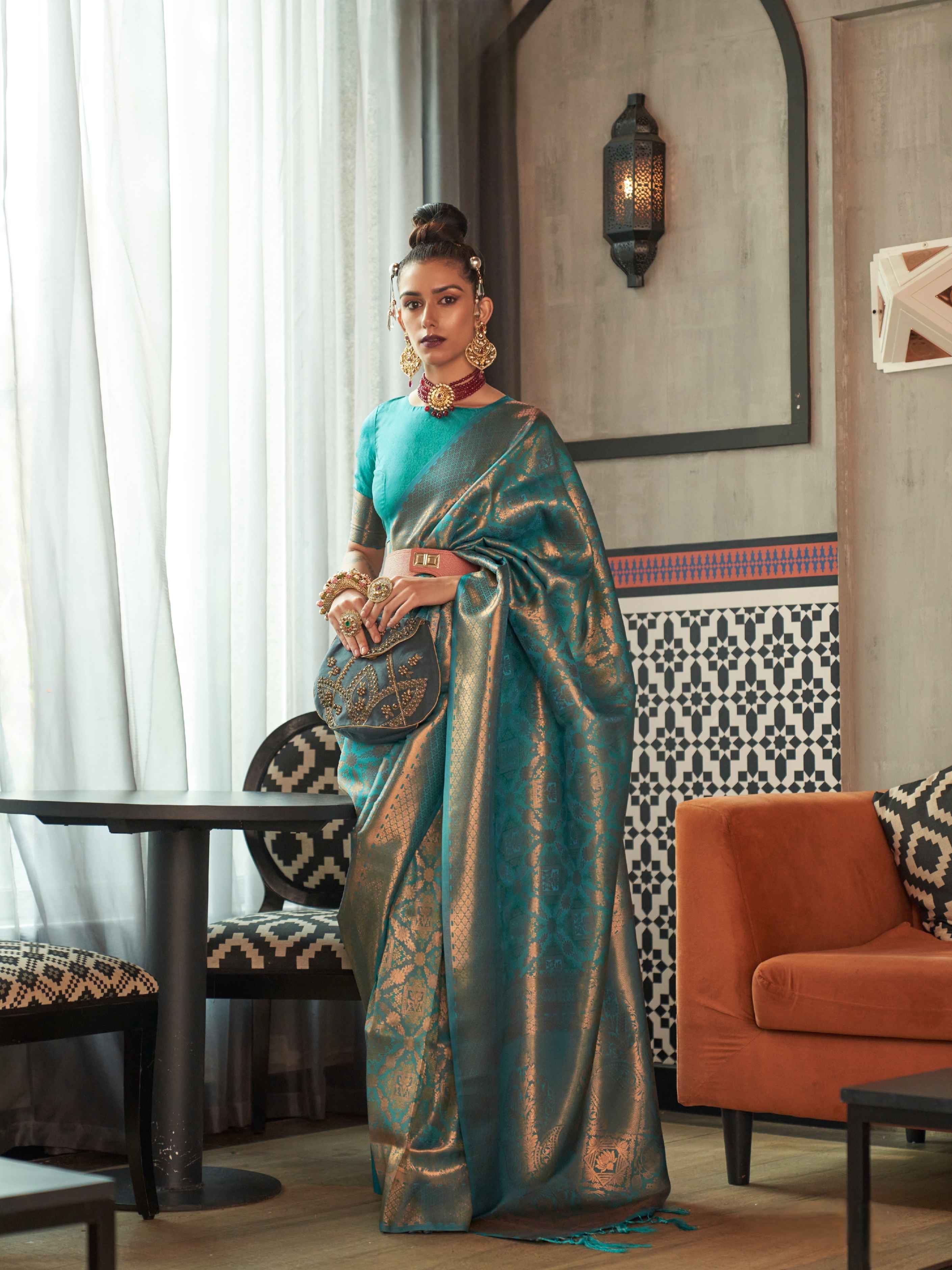 Blue two tone handloom silk saree with zari motifs