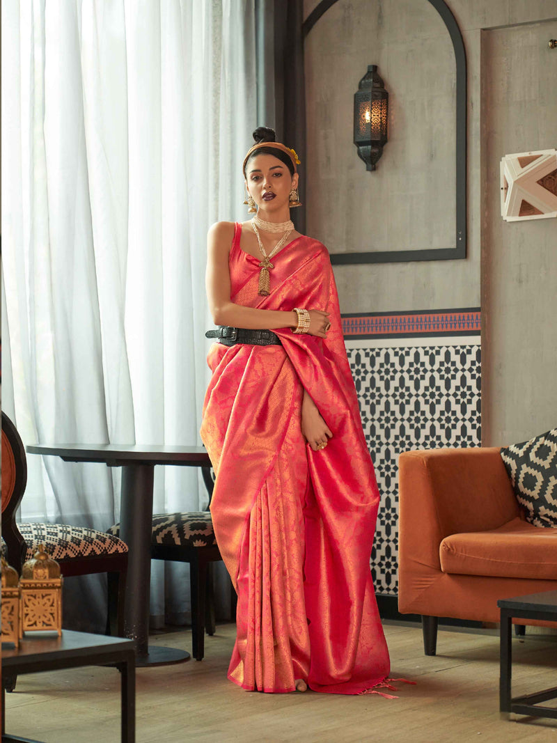 Red two tone handloom silk saree with zari border