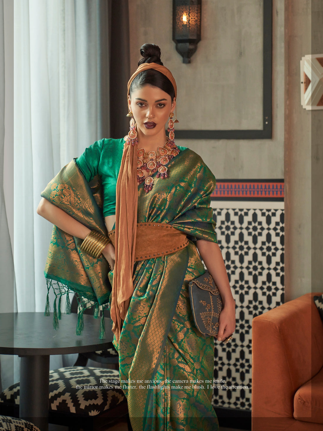 Green two tone handloom silk saree with golden zari work