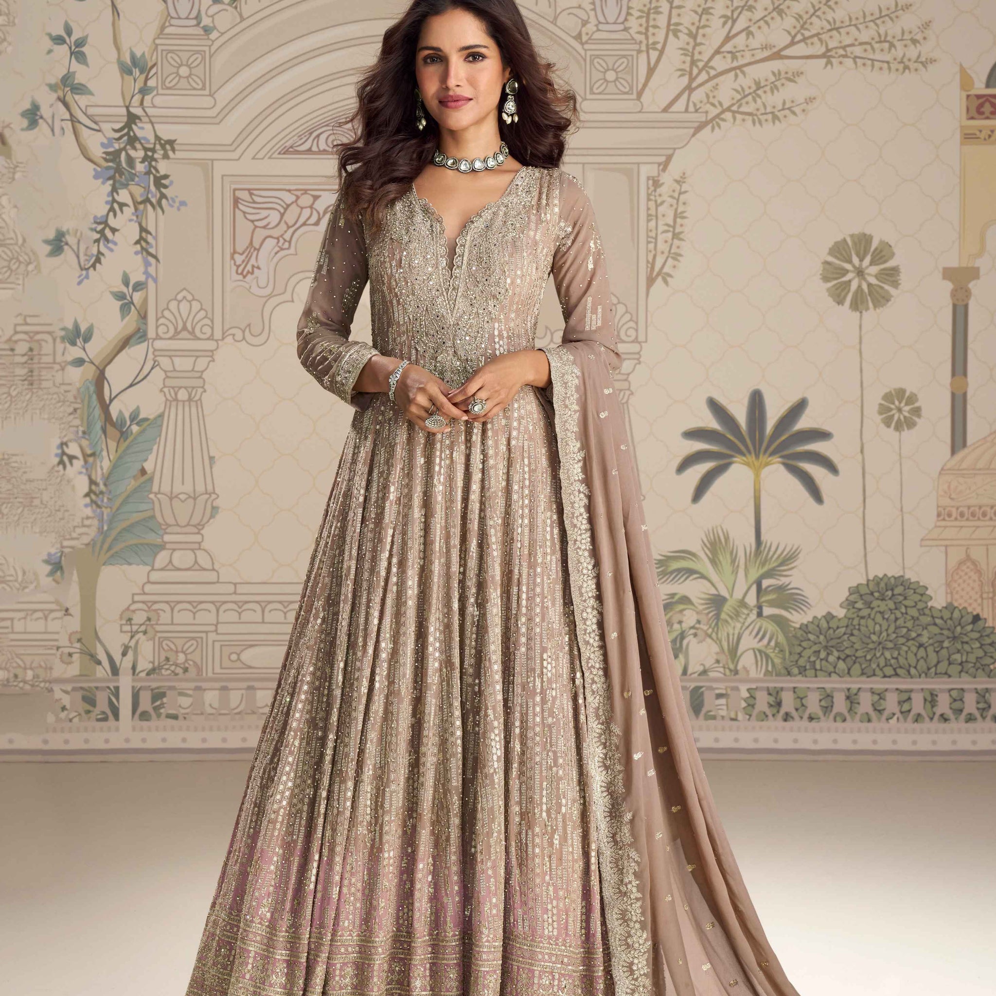 Taupe brown Anarkali gown with Zarkan embroidery