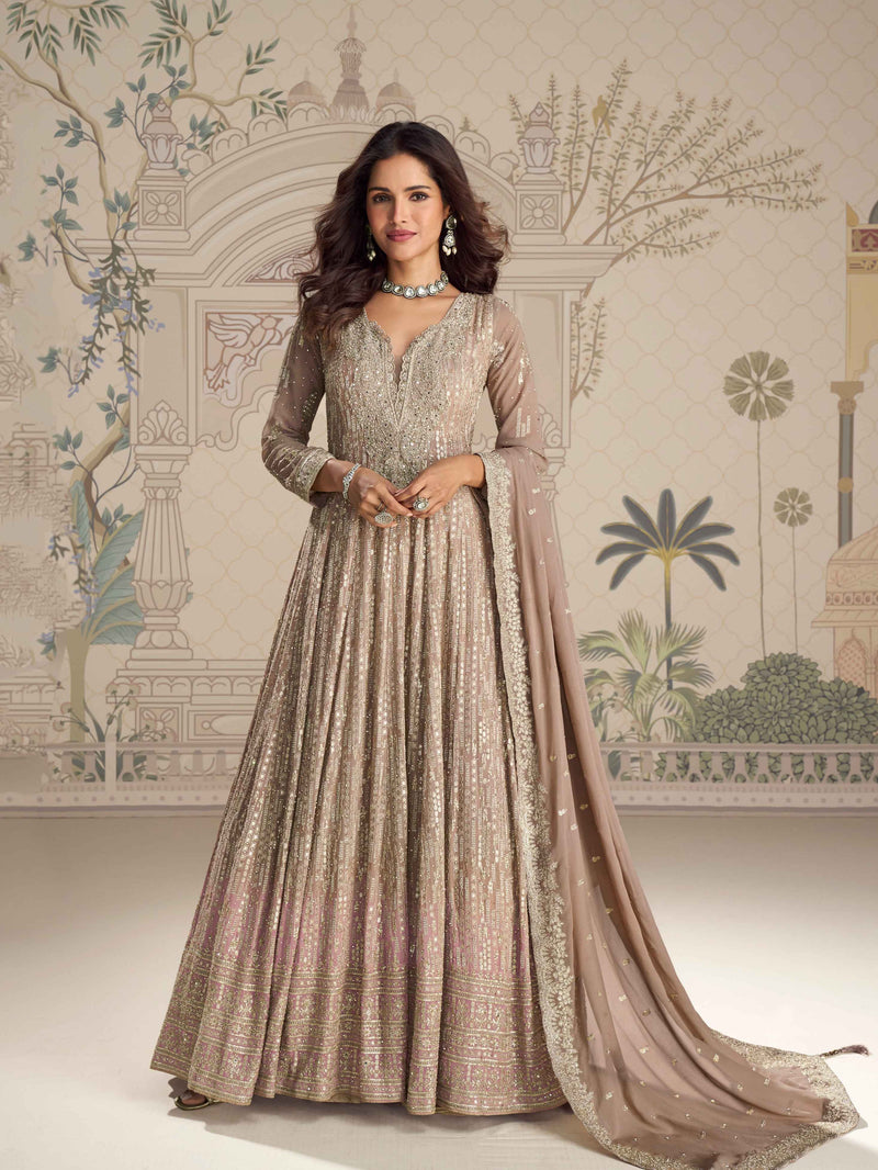 Taupe brown Anarkali gown with Zarkan embroidery