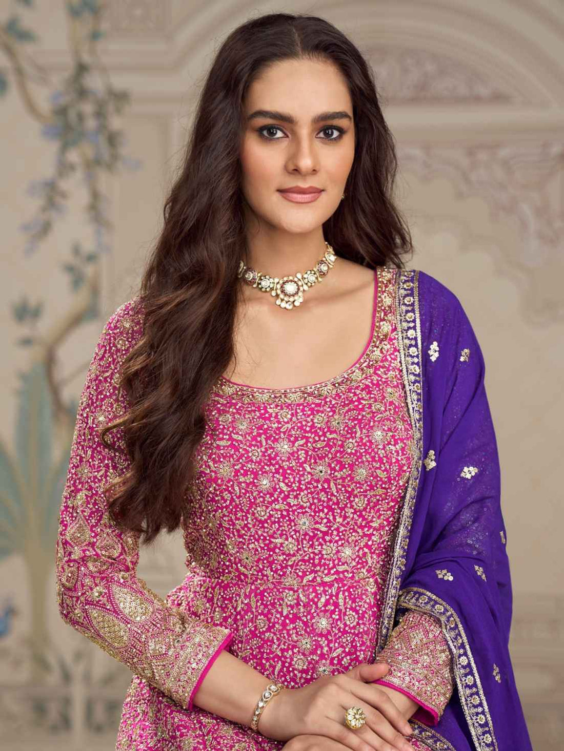 Pink Anarkali gown with royal blue dupatta