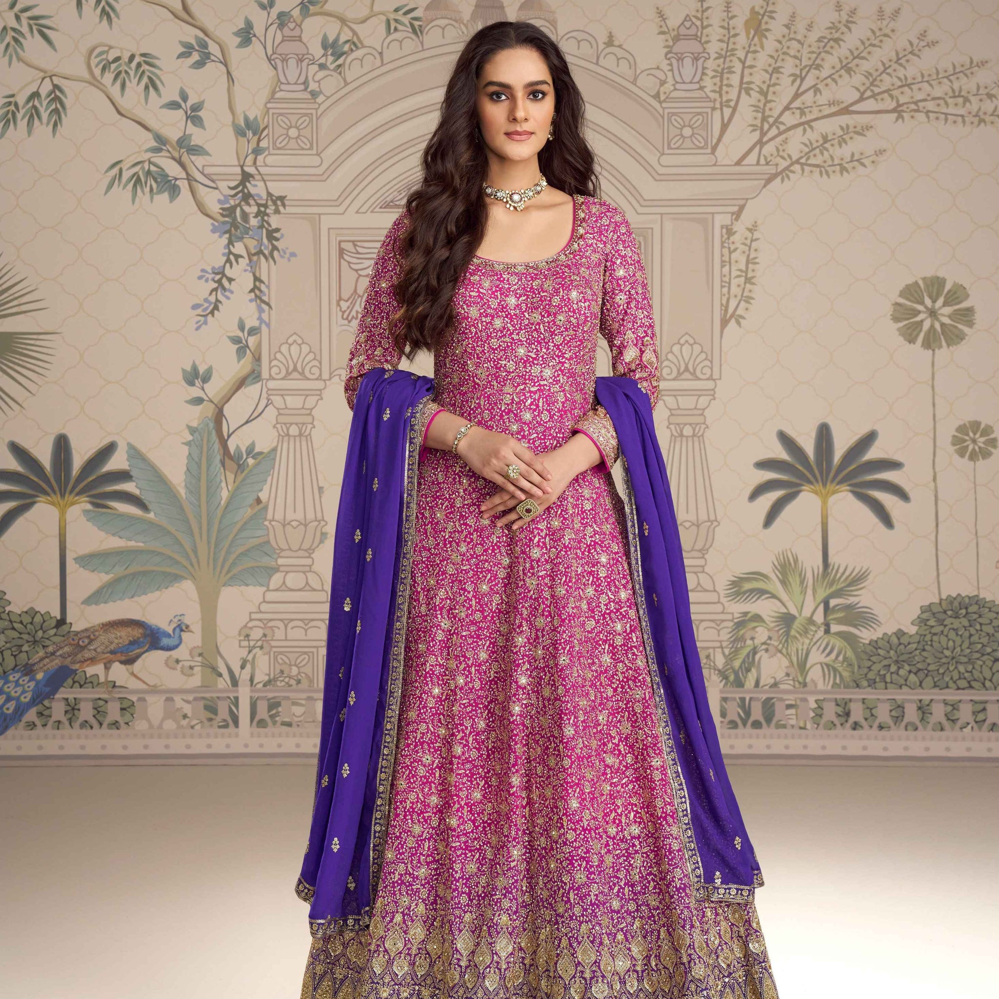 Pink Anarkali gown with royal blue dupatta