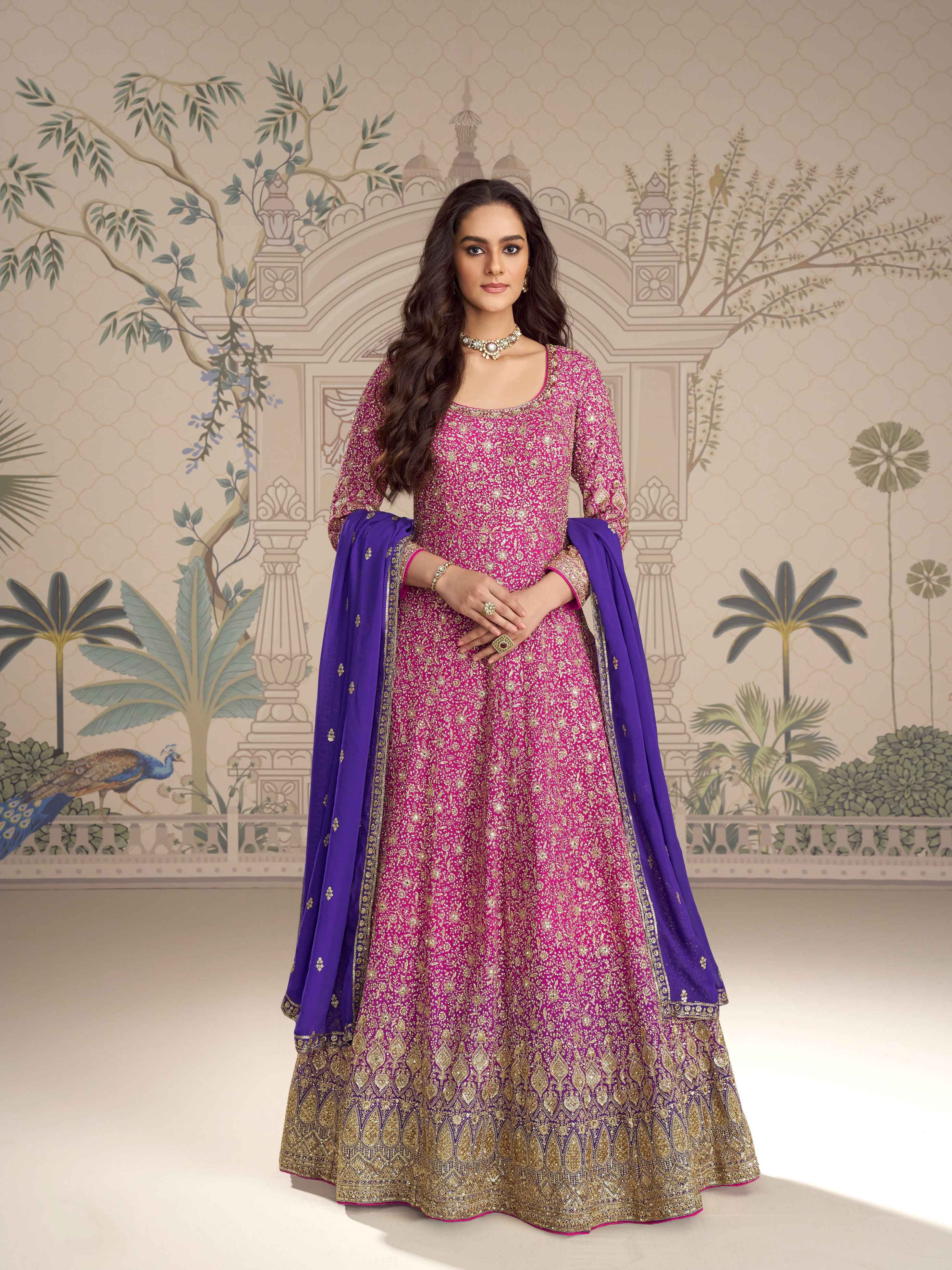 Pink Anarkali gown with royal blue dupatta