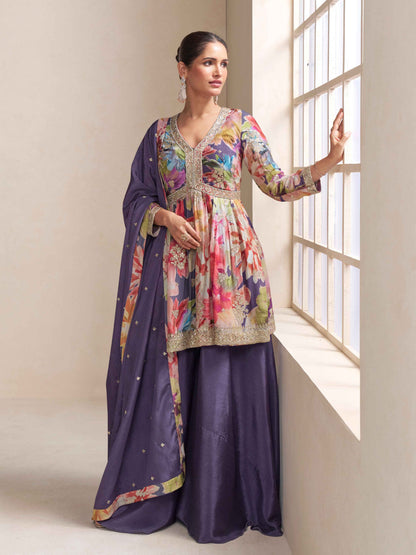 Real chinon purple palazzo suit front and back embroidery