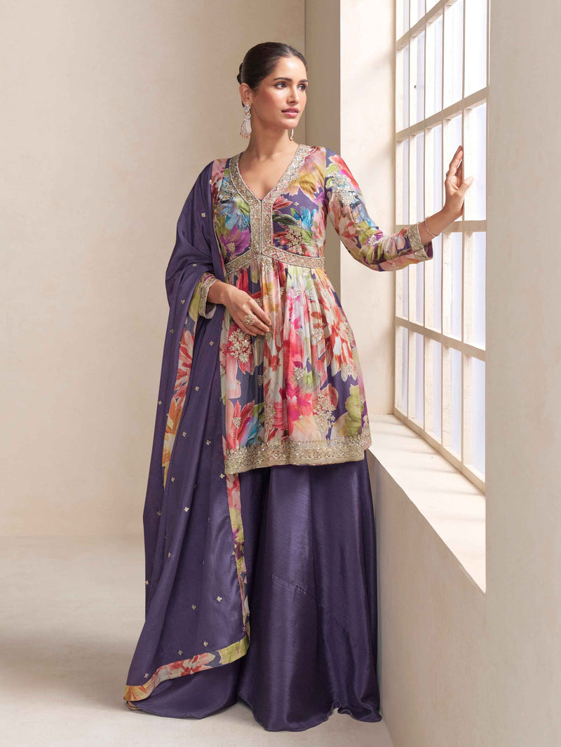 Real chinon purple palazzo suit front and back embroidery