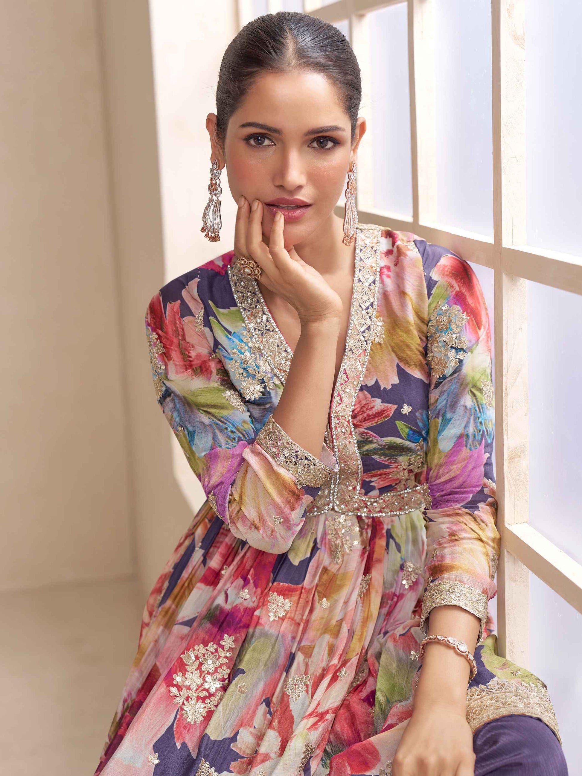 Floral printed purple palazzo suit for festive wear