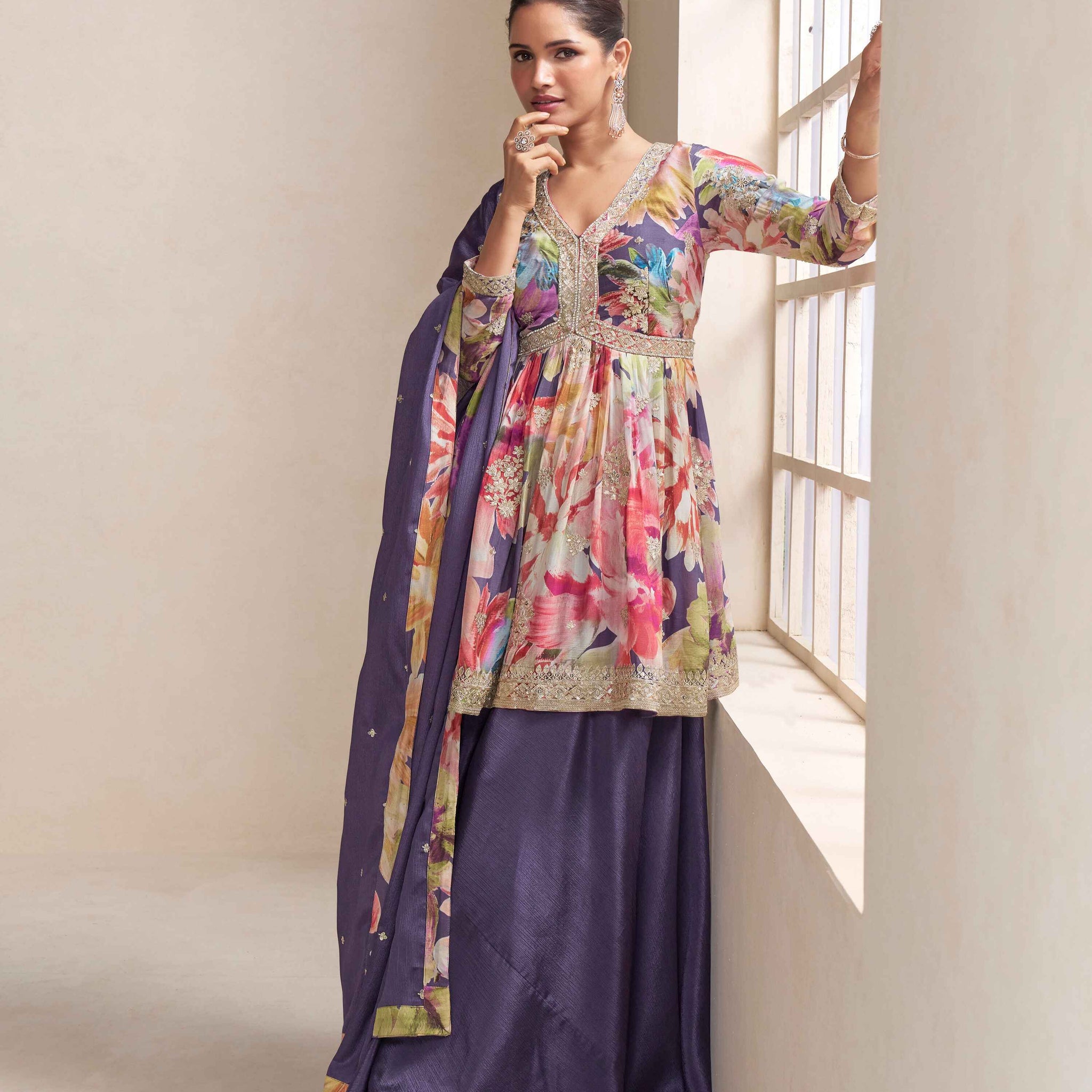 Purple chinon embroidered palazzo suit with dupatta
