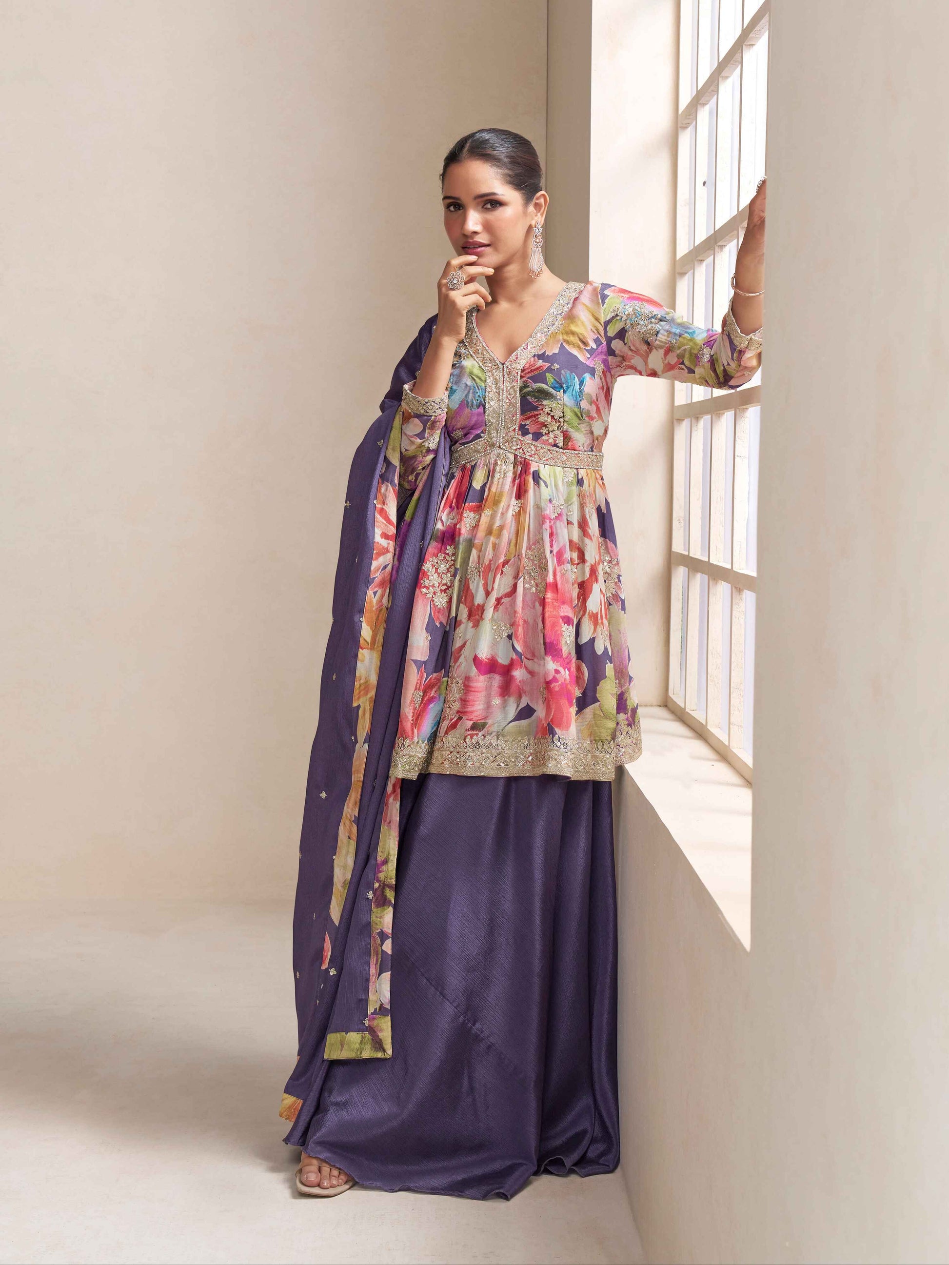 Purple chinon embroidered palazzo suit with dupatta