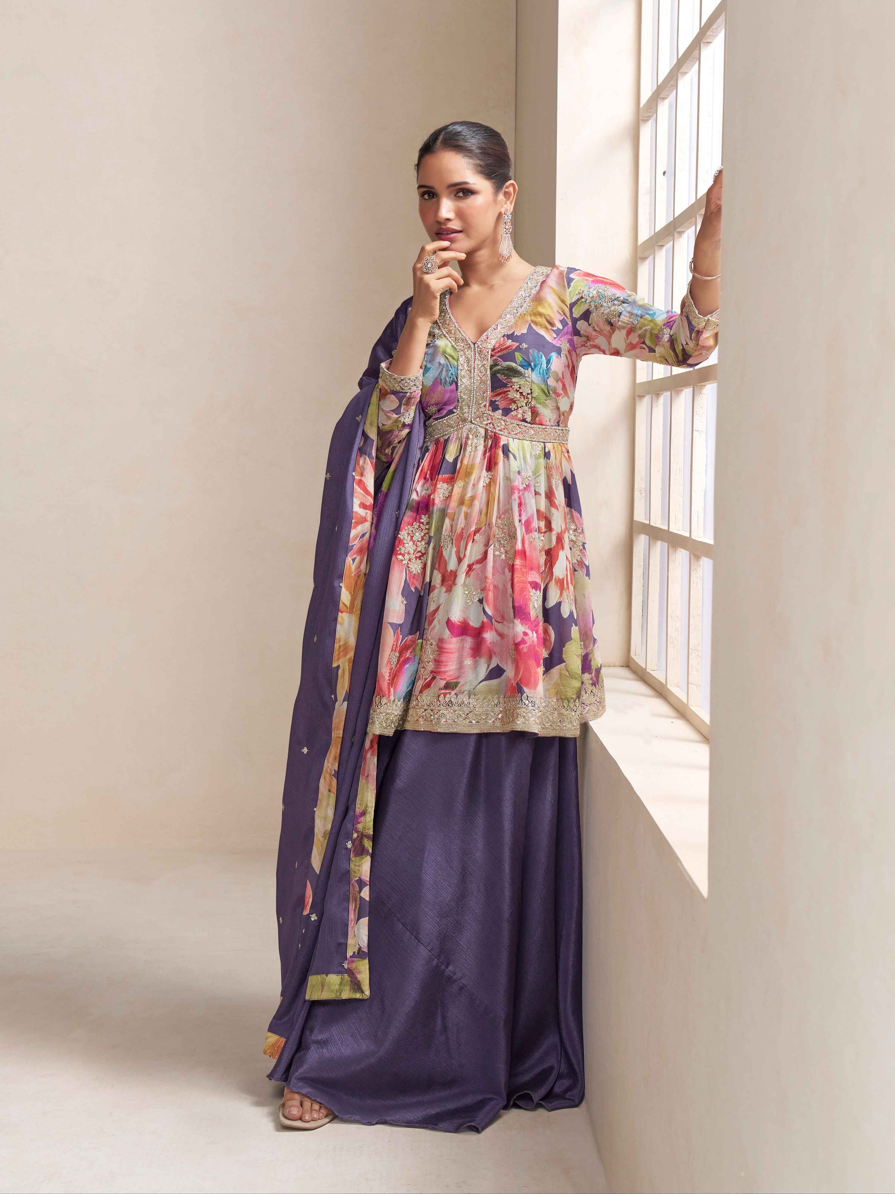 Purple chinon embroidered palazzo suit with dupatta