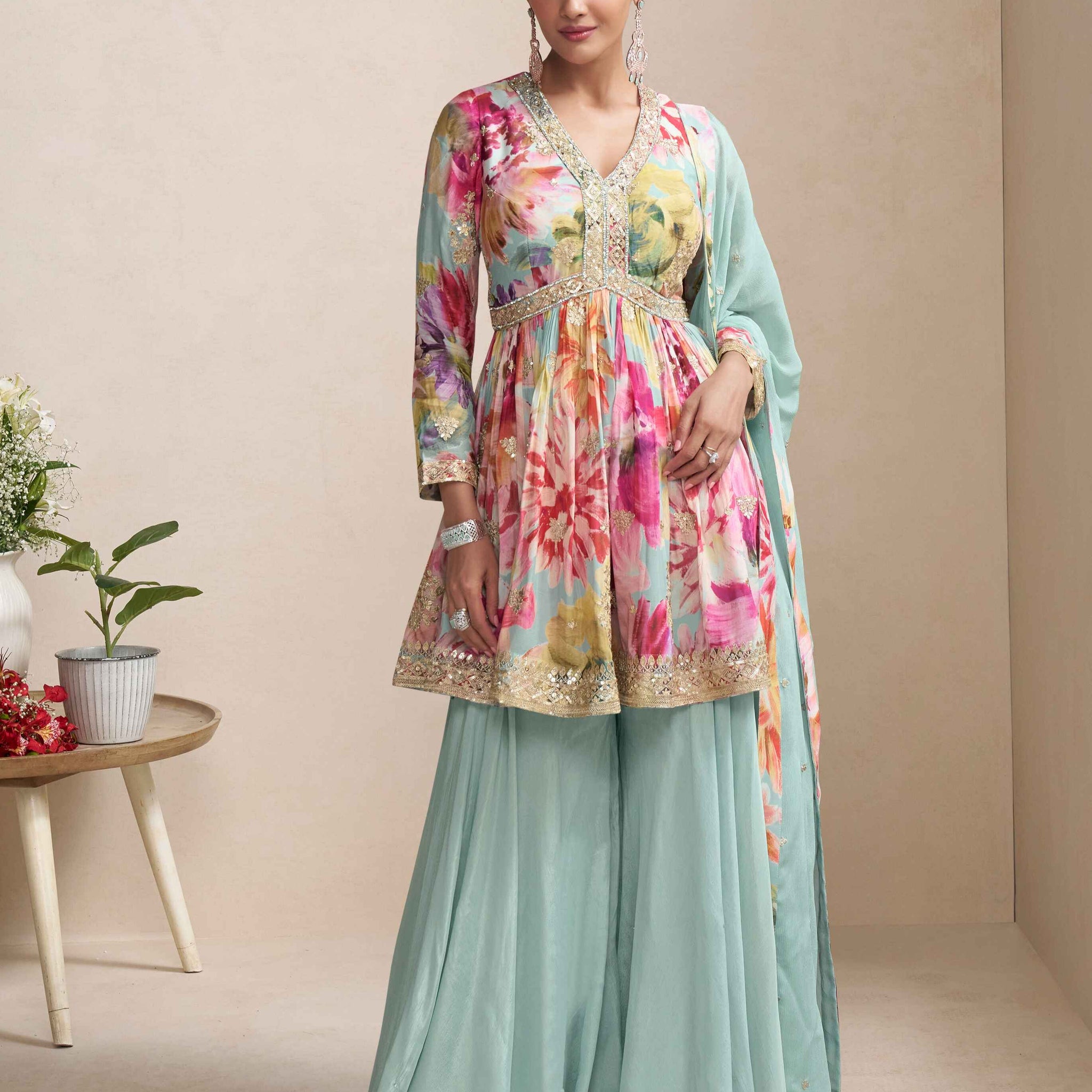 Mint green floral chinon palazzo suit for women