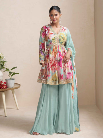 Mint green floral chinon palazzo suit for women