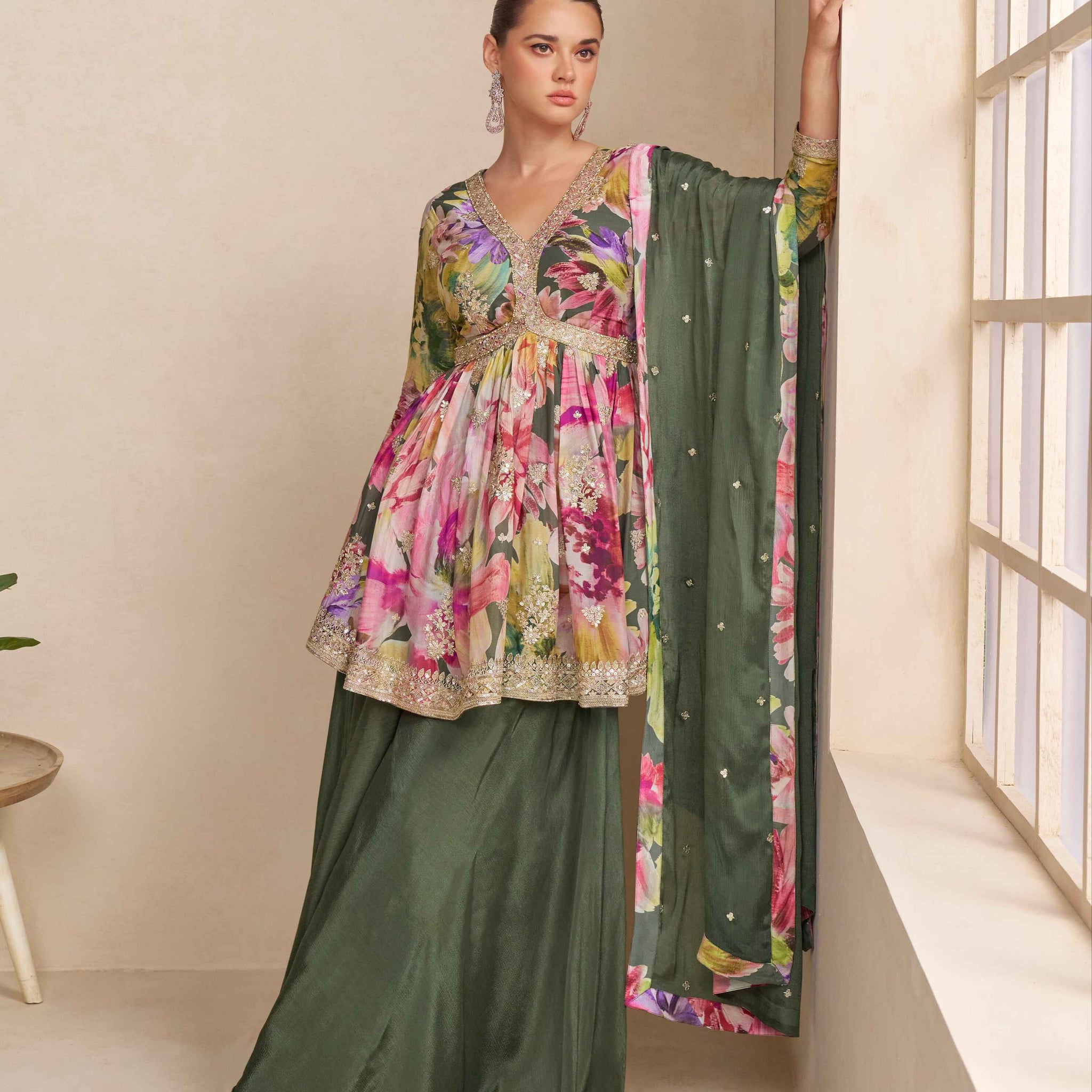 Olive green floral embroidered chinon palazzo suit