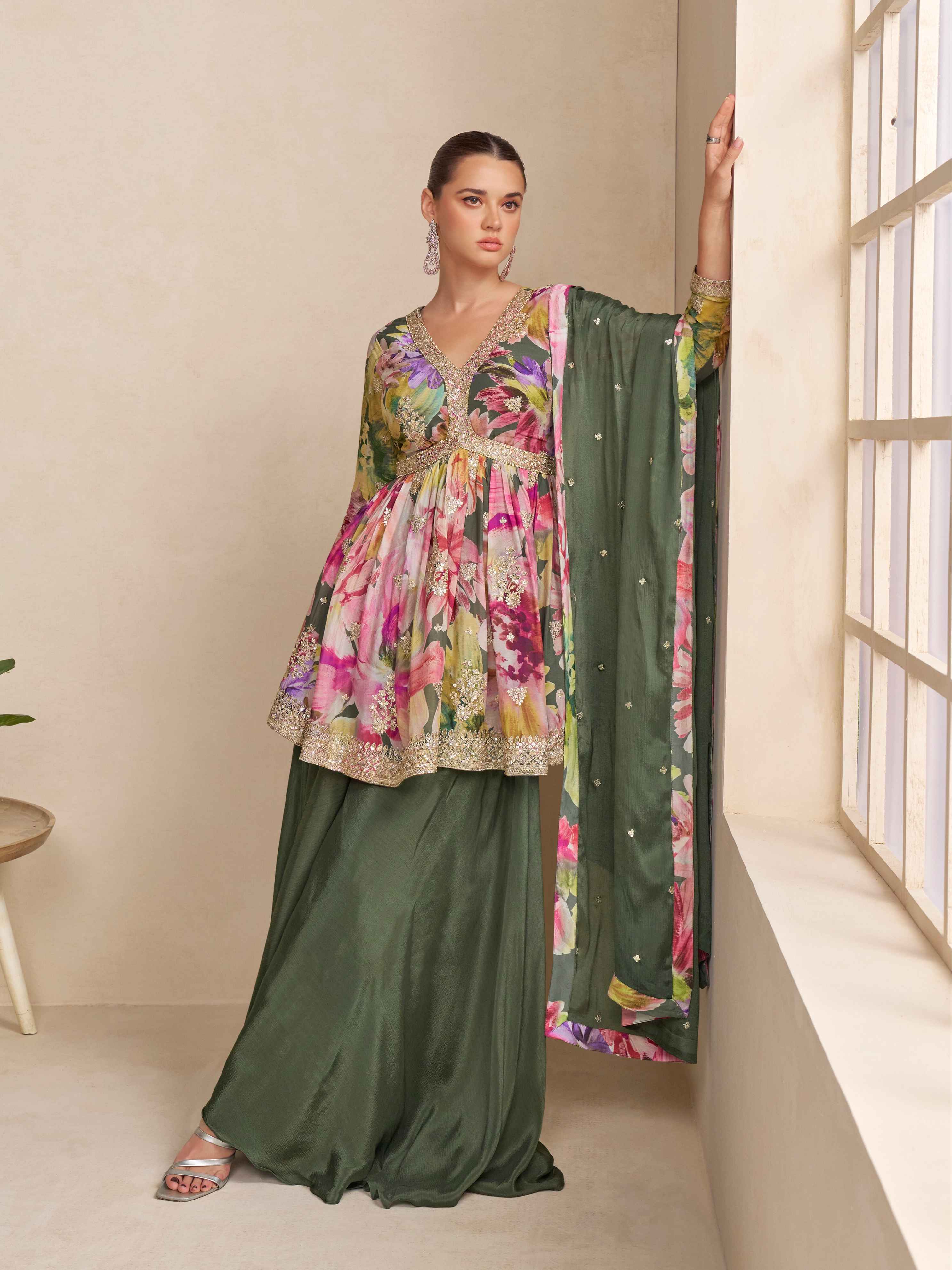 Olive green floral embroidered chinon palazzo suit