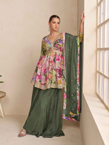 Olive green floral embroidered chinon palazzo suit