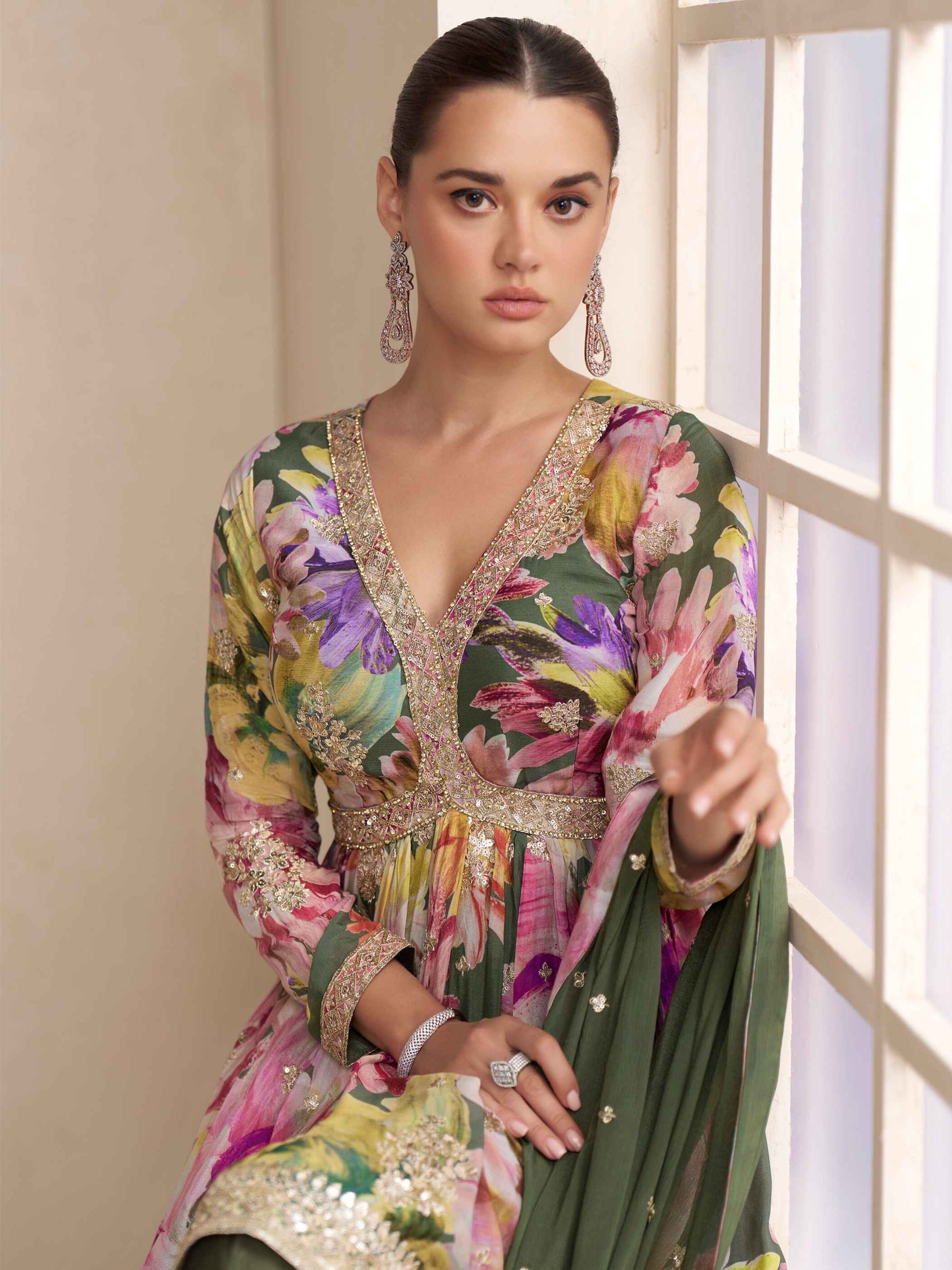 Real chinon olive green palazzo suit with dupatta