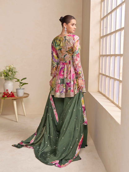 Designer olive chinon palazzo suit for wedding functions