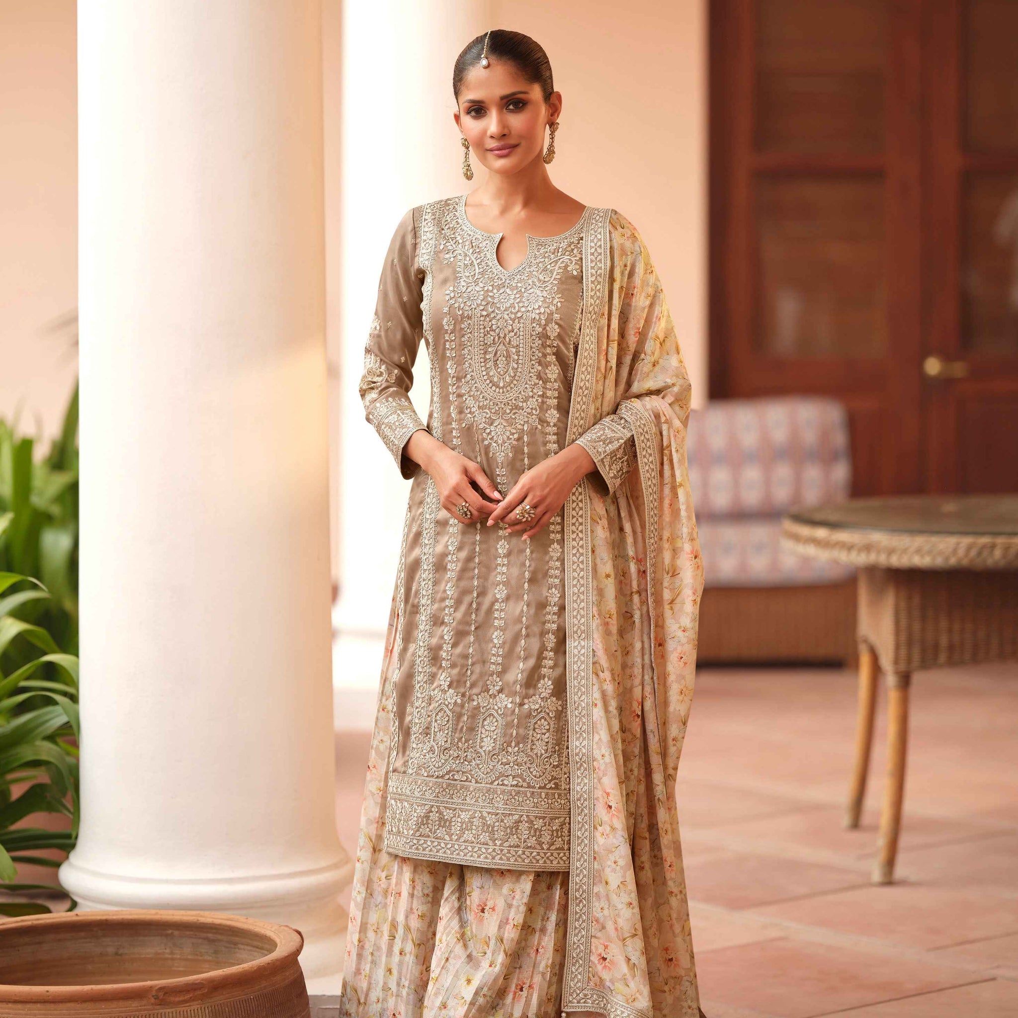Champagne Beige Simar Silk Palazzo Suit with Floral Chinnon Dupatta