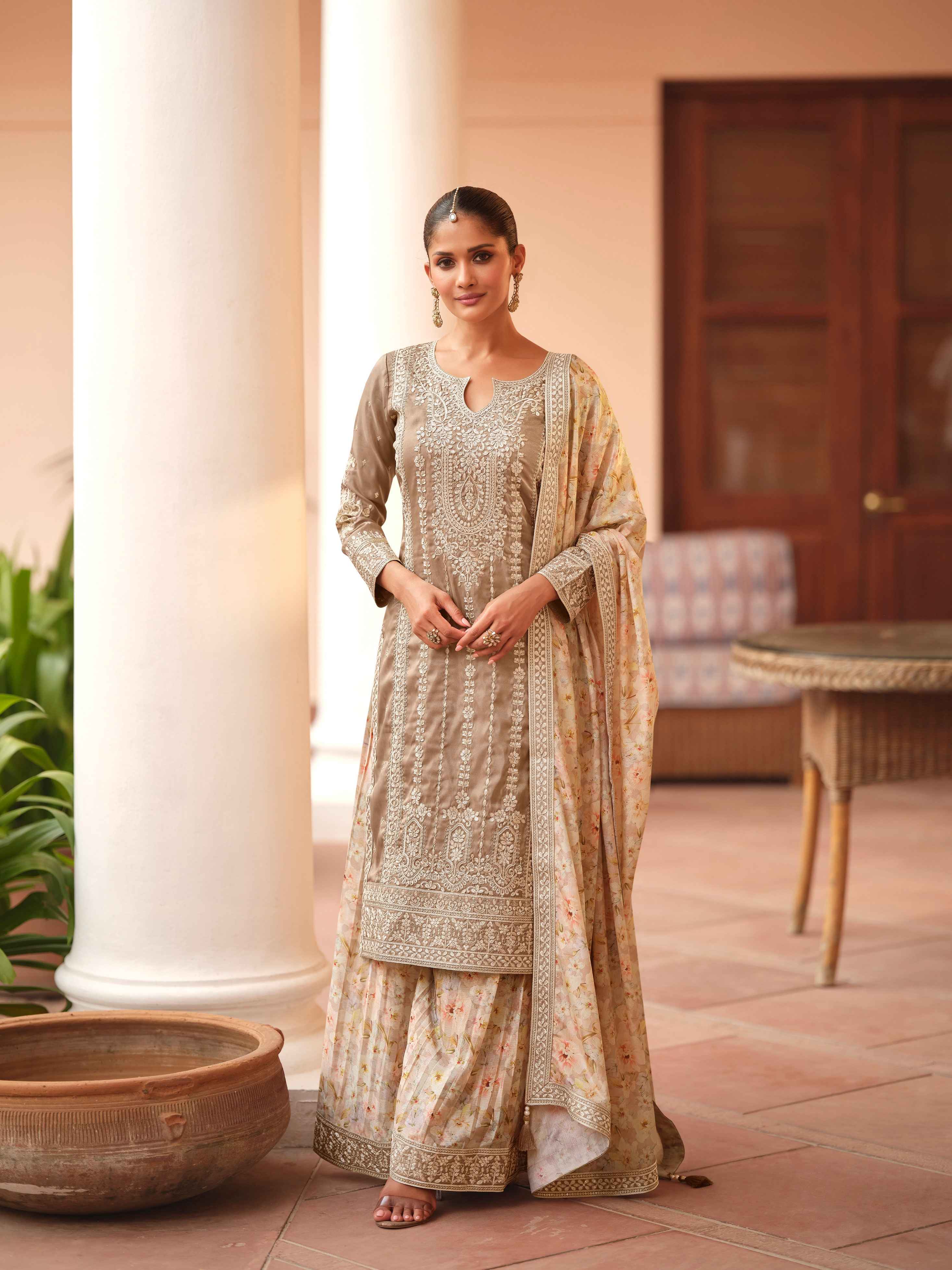 Champagne Beige Simar Silk Palazzo Suit with Floral Chinnon Dupatta