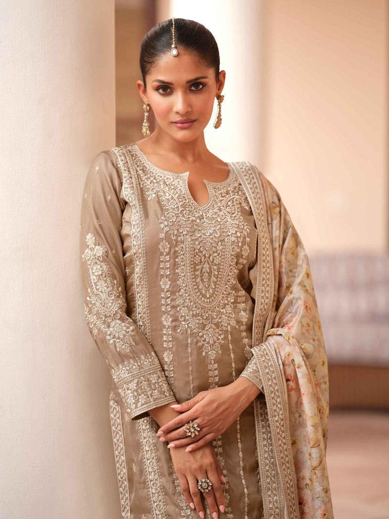 Champagne Beige Simar Silk Palazzo Suit with Floral Chinnon Dupatta