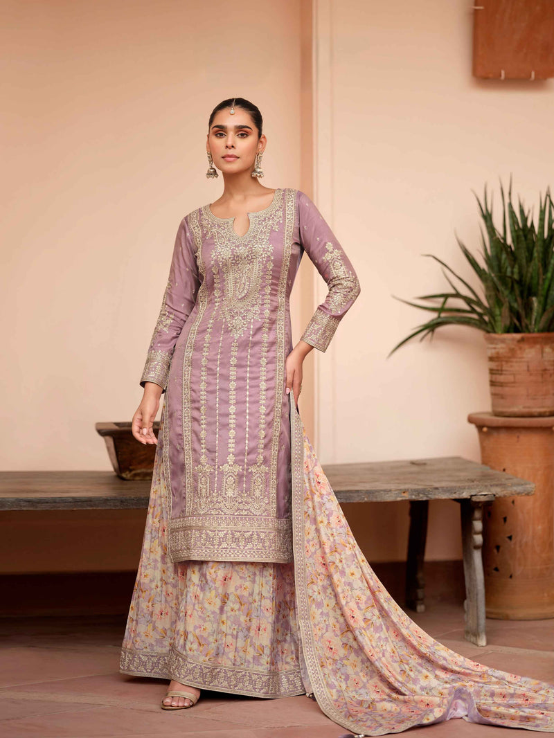 Lavender Embroidered Simar Silk Palazzo Suit with Chinnon Dupatta