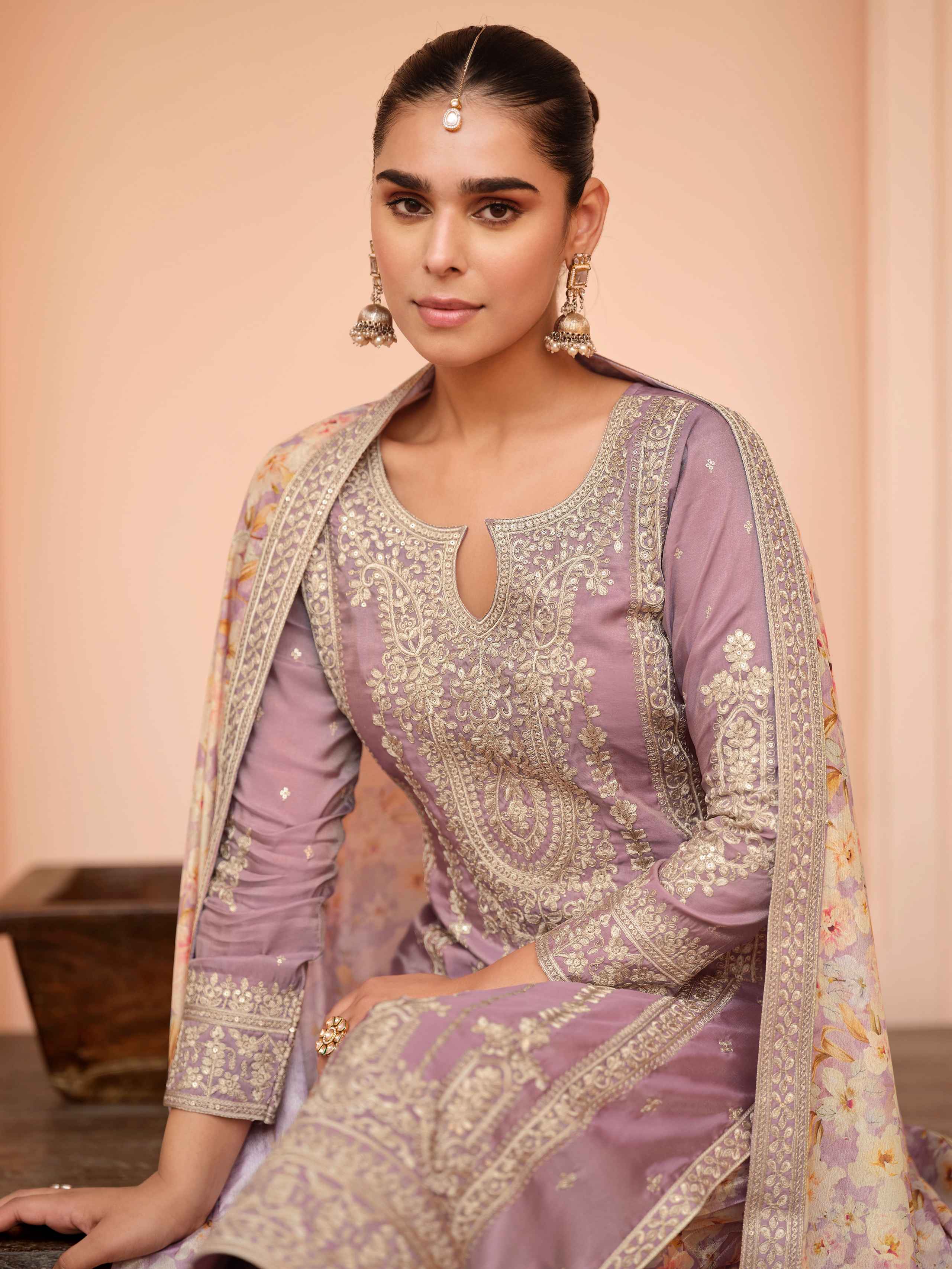 Lavender Embroidered Simar Silk Palazzo Suit with Chinnon Dupatta