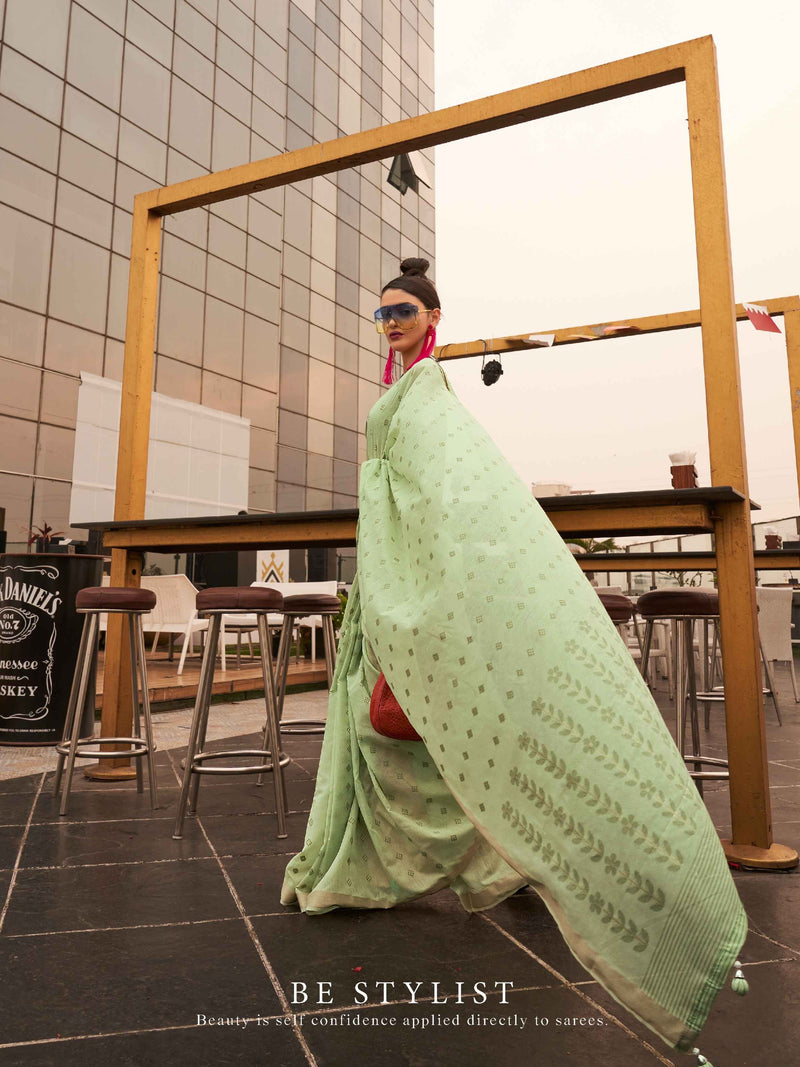 Light Green Modal Poly Viscose Handloom Saree