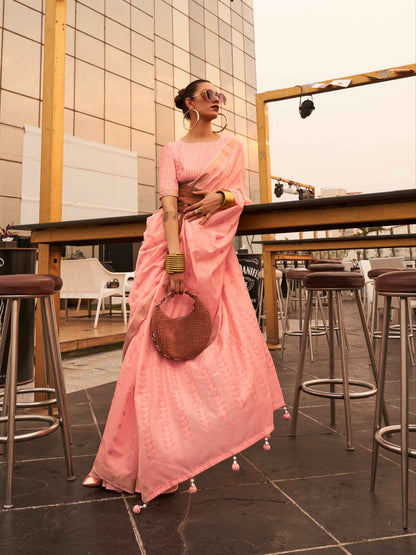 Peach Modal Poly Viscose Handloom Saree