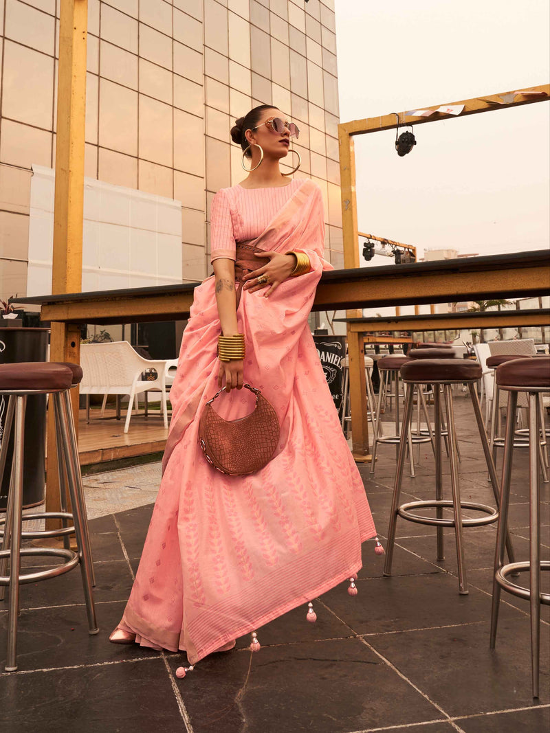 Peach Modal Poly Viscose Handloom Saree