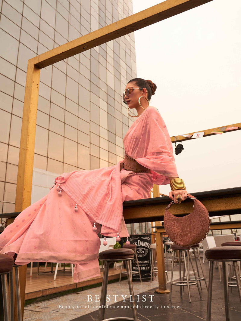 Peach Modal Poly Viscose Handloom Saree