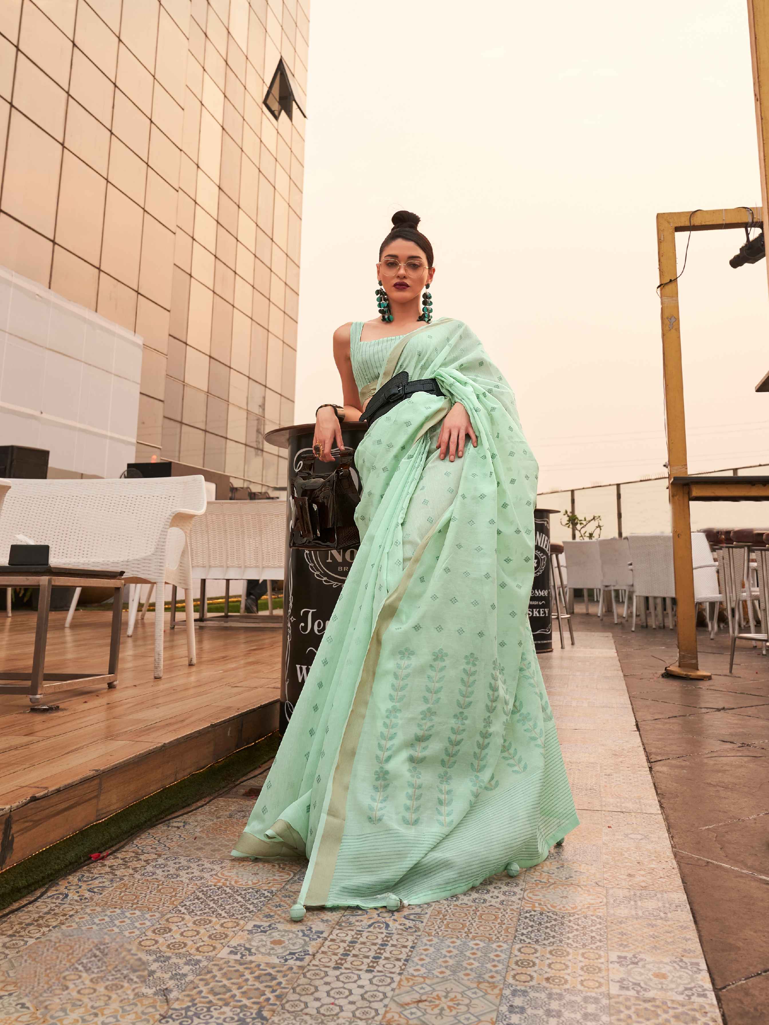 Aqua Blue Modal Poly Viscose Handloom Saree