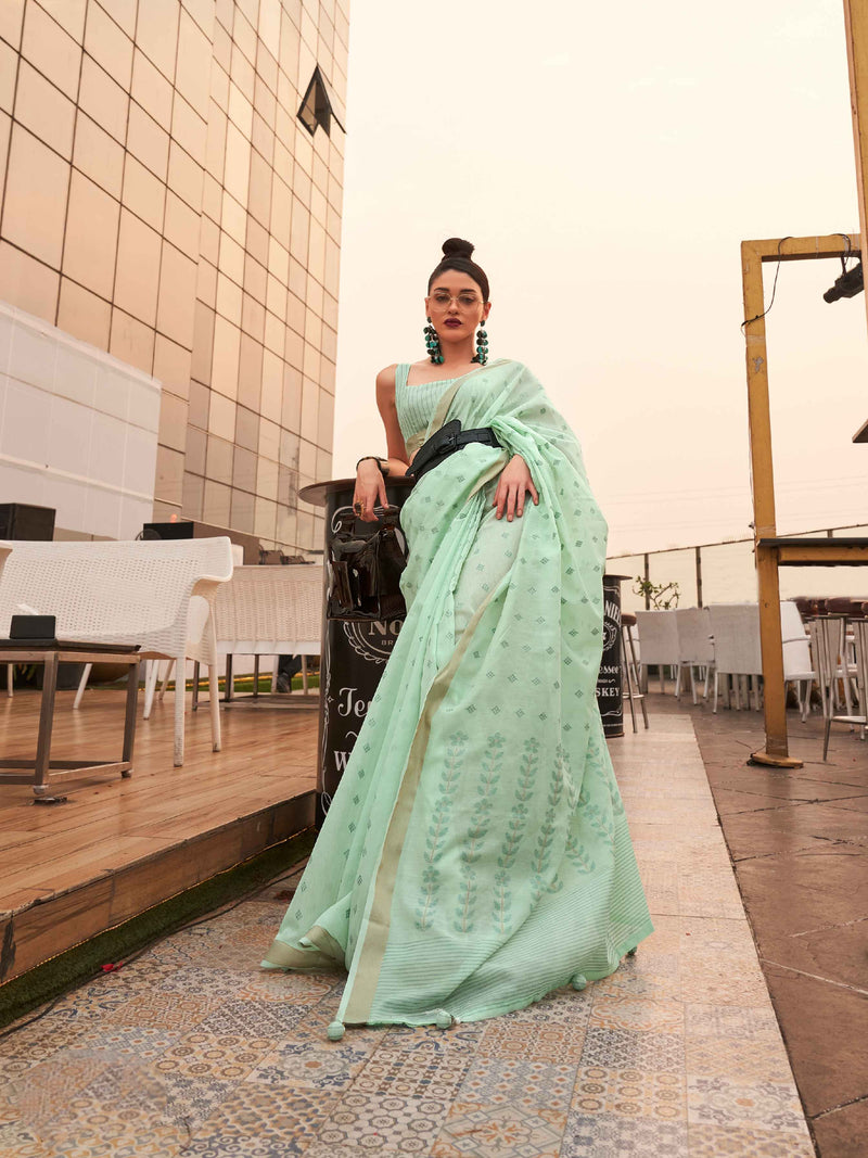 Aqua Blue Modal Poly Viscose Handloom Saree