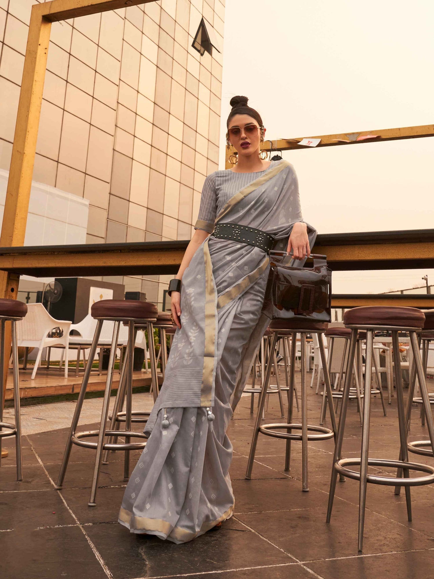 Grey Modal Poly Viscose Handloom Saree