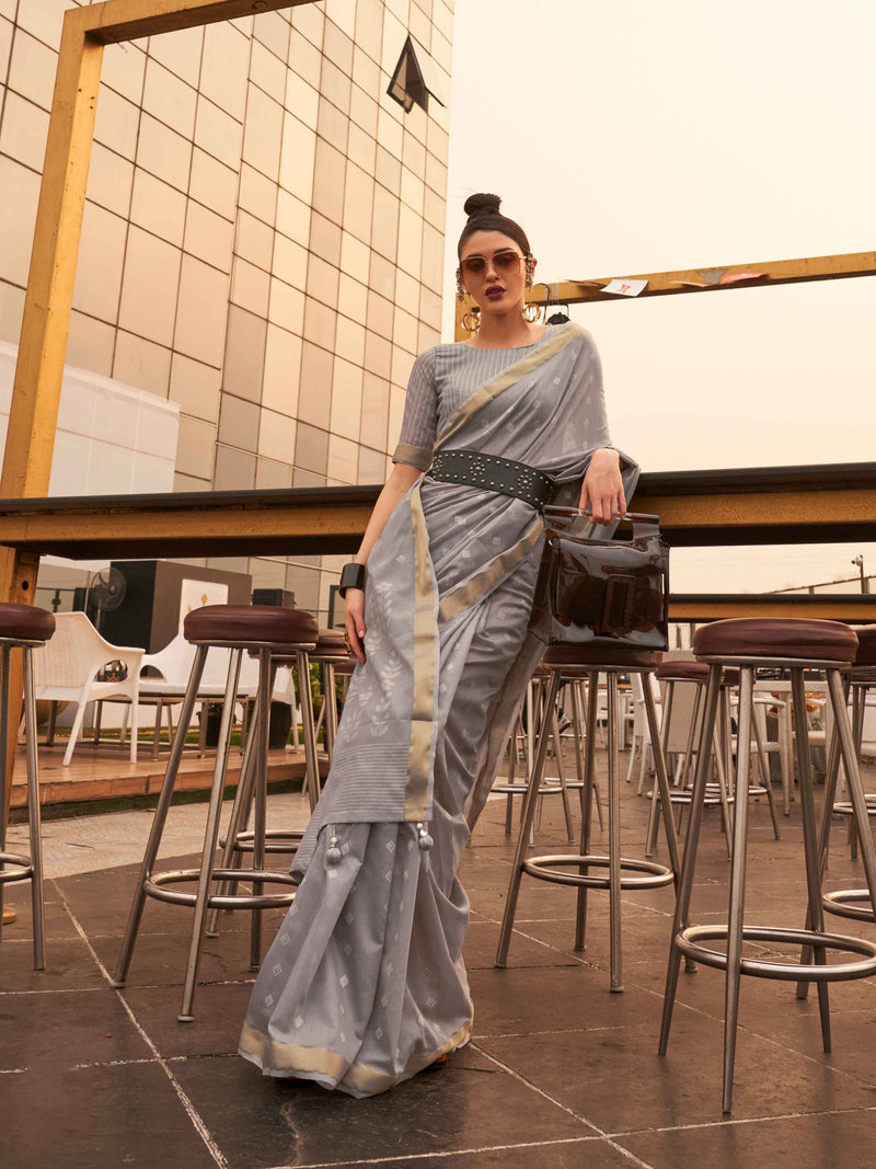Grey Modal Poly Viscose Handloom Saree